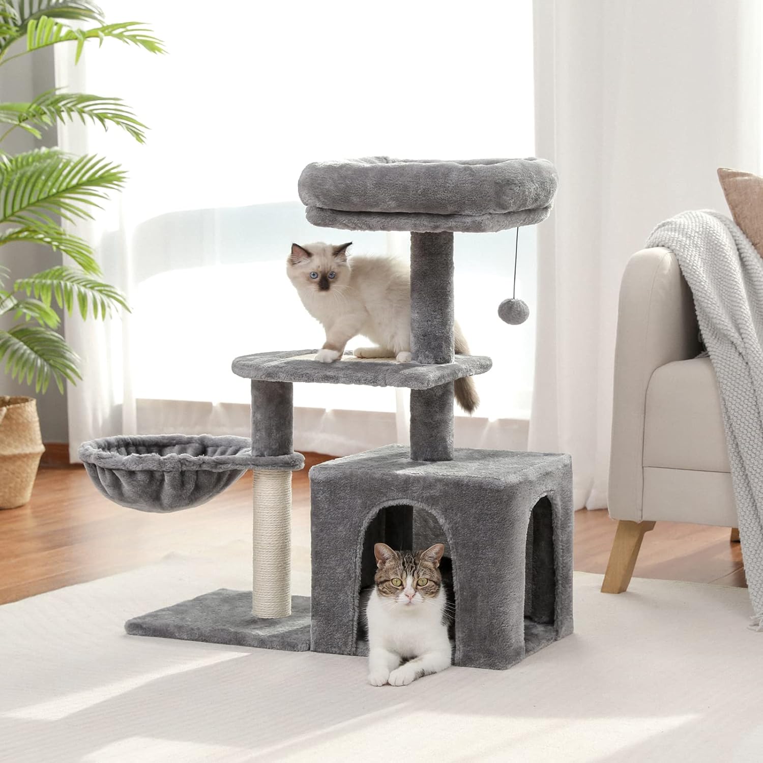 PETEPELA Kratzbaum für kleine Zimmerkatzen, Plüsch-Katzenturm mit großer Katzenwohnung, tiefer Hängematte und Sisal-Katzenkratzbaum für Kätzchen, Grau 