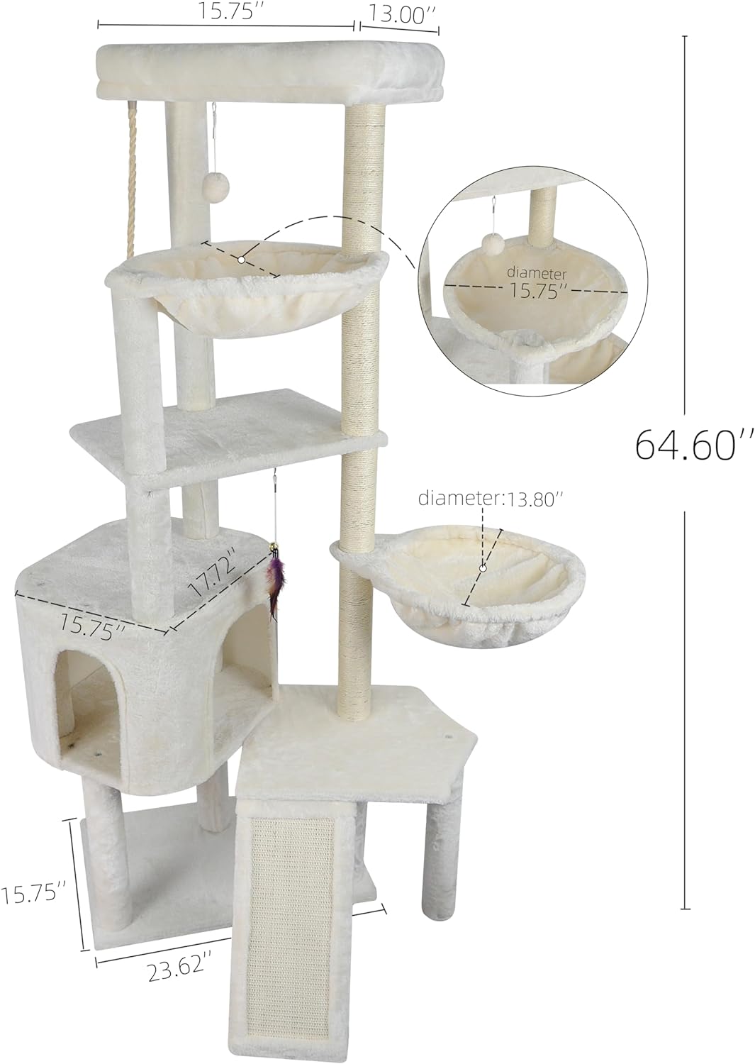 Xin Three Layer Cat Tree with Cat Condo and Two Hammocks,Grey