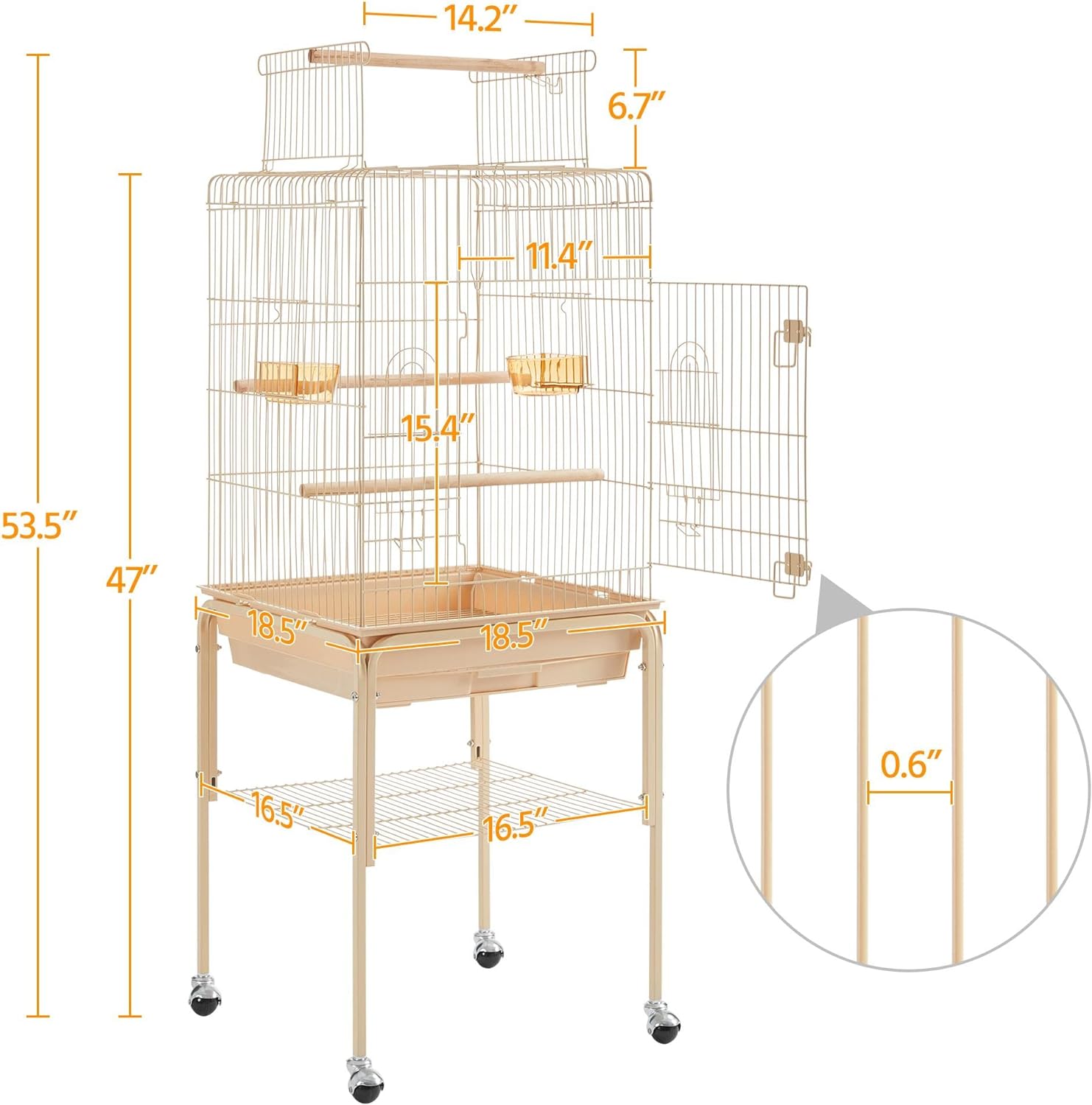 Yaheetech Open Top Rolling Parrot Bird Cage for Cockatiel Sun Parakeet Green Cheek Conure Mid-Sized Parrot Cage with Detachable Stand