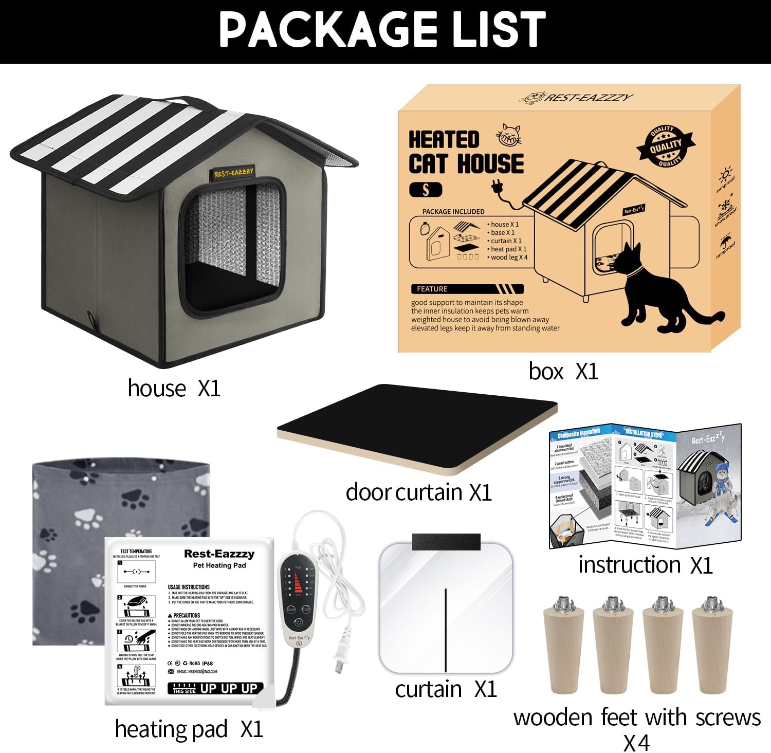 Rest-Eazzzy Cat House, Outdoor Cat Bed, Weatherproof Cat Shelter for Outdoor Cats Dogs and Small Animals (Heat Grey S)