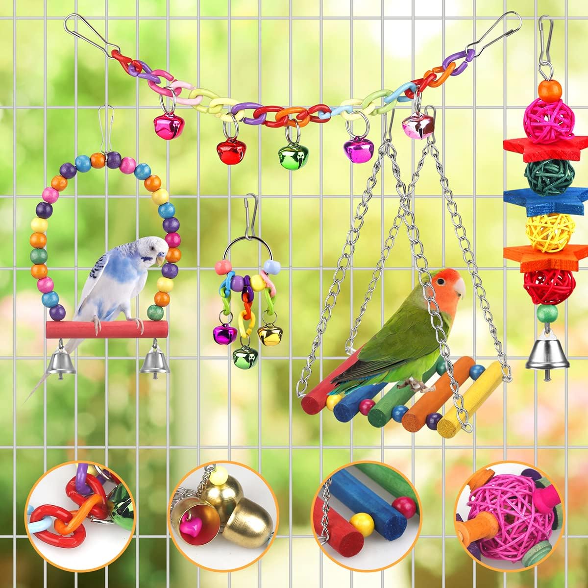 Bird Toys for Conures with Colorful Ladder Hammock Bird Cage Accerious Bird Perch Stand Chewing Toys Hanging Bell Parrot Parakeet Cockatiel Lovebirds