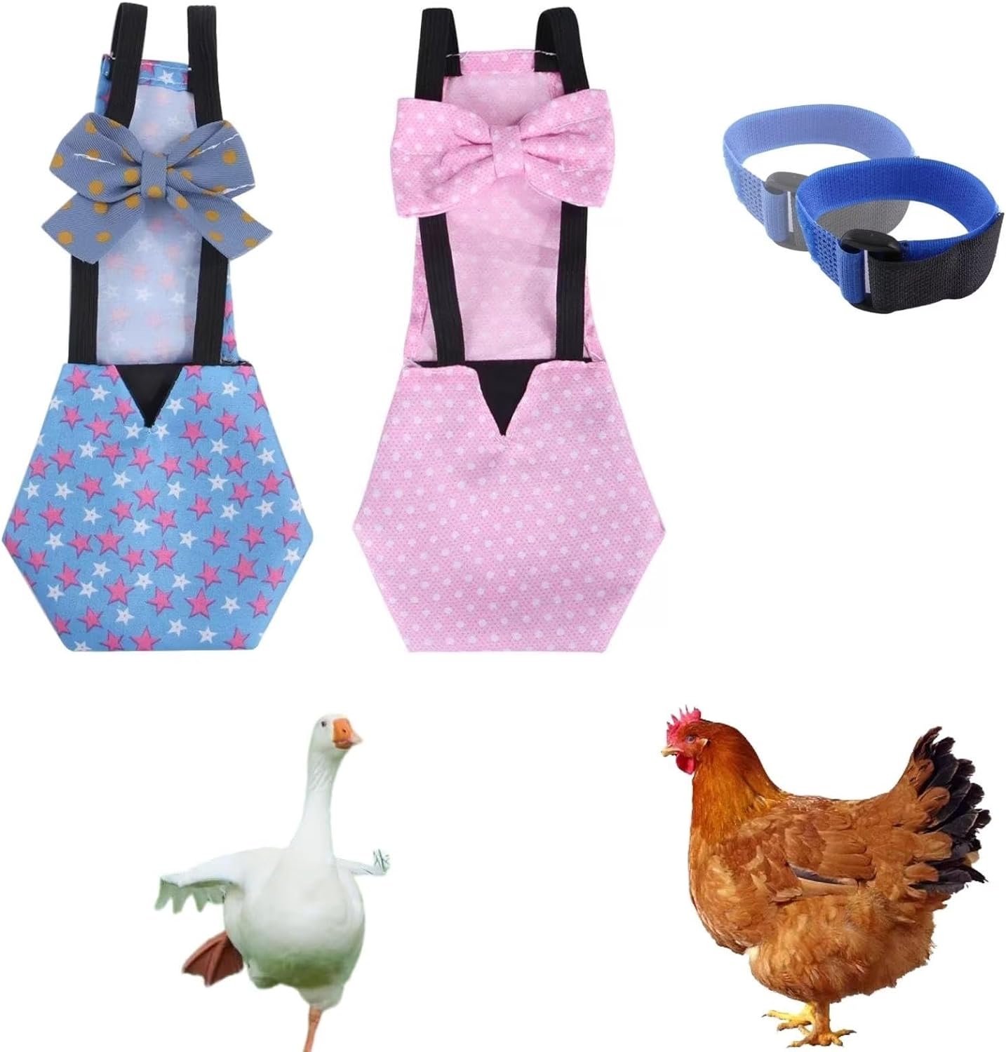 2 pañales de pollo reutilizables con 2 paquetes de collar de gallo, pañales para aves de corral, pañales para mascotas de uso múltiple para pollitos, patitos y ansarones, pañales de pato lavables con pajarita, accesorios para pollo (mediano) 