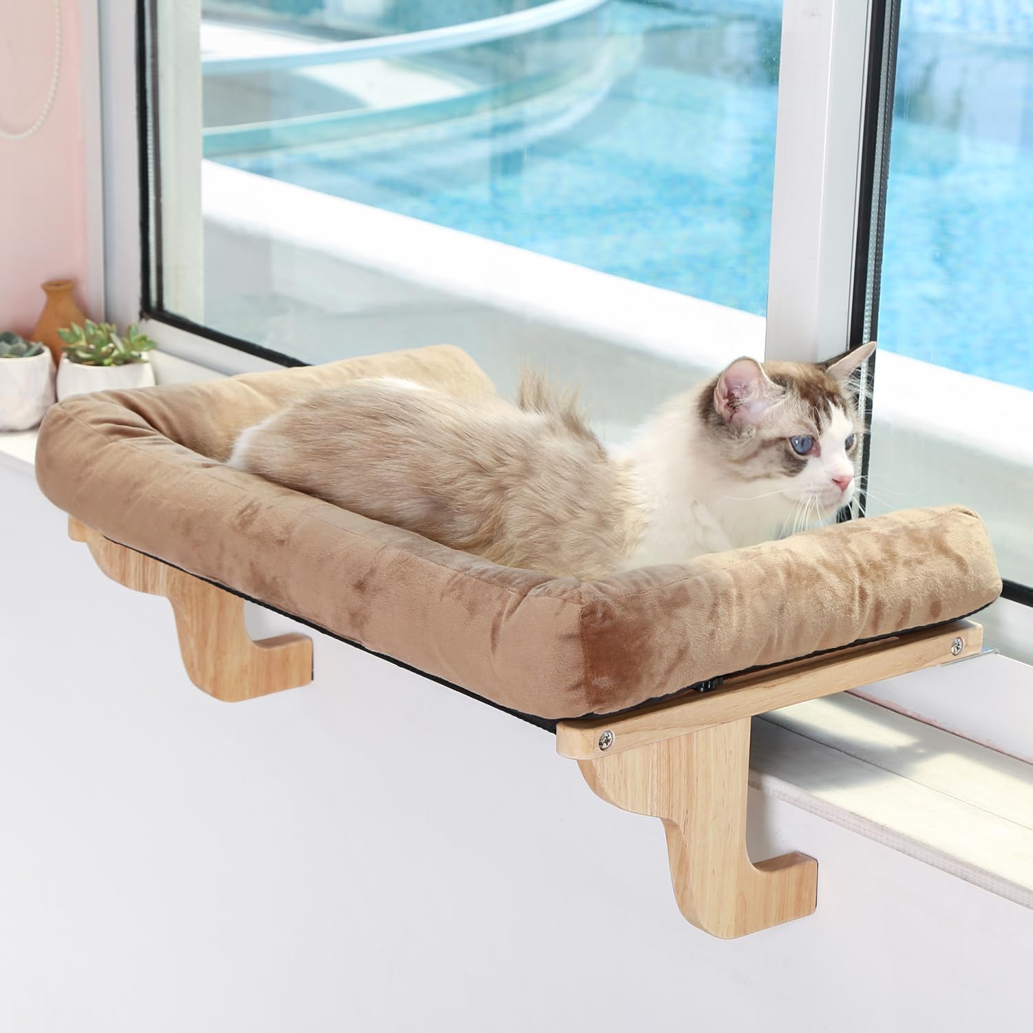 Zakkart Percha para gato para alféizar de ventana con refuerzo - Diseño de hamaca ortopédica con madera dura de primera calidad y marco de metal robusto - Asiento de ventana para gatos y gatitos grandes - Madera de color natural con cama gris 