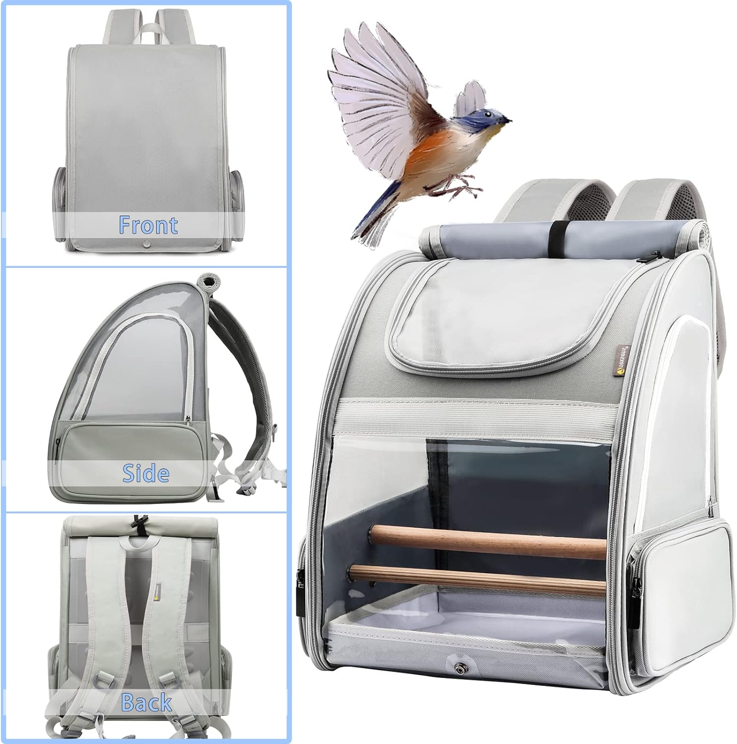 KiiDAS Pet Bird Carrier Mochila para loros para viajes de senderismo, con bandeja de acero inoxidable y 2 perchas de pie, jaula de viaje transpirable para pájaros pequeños, cotorras, mejillas verdes, cacatúas (gris claro) 