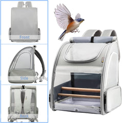 KiiDAS Pet Bird Carrier Parrots Backpack for Travelling Hiking, With Stainless Steel Tray & 2 Standing Perch, Breathable Birds Travel Cage for Small Birds, Conures, Green Cheek, Cockatiel (Light Gray)