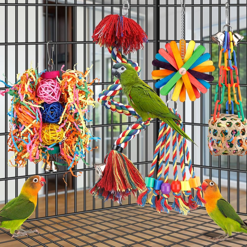 Vogelspielzeug, Vogelseil, Sitzstange mit Glocke, buntes Vogelkauen, Zerkleinern, Futtersuchspielzeug, Sittichspielzeug, Papageienschaukel, Klettern, stehendes Hängespielzeug, Vogelkäfigzubehör für Sittiche, Nymphensittiche, Wellensittiche, Wellensittiche 