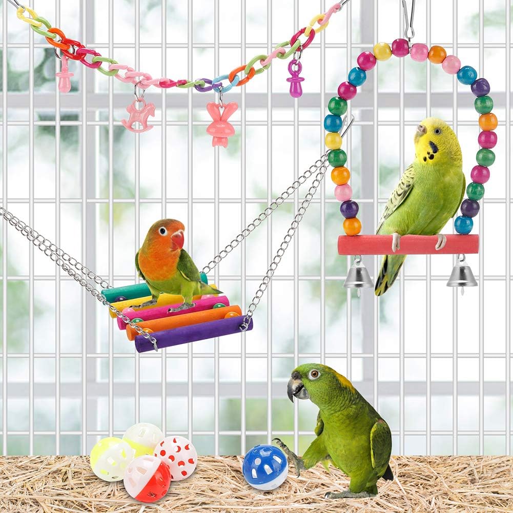 Juguetes para periquitos de pájaros, columpio colgante de pie, juguete para masticar, hamaca, escalera para escalar, jaula para pájaros, juguetes coloridos adecuados para periquitos, periquitos, conures, cacatúas, mynah, pájaros del amor, pinzones 