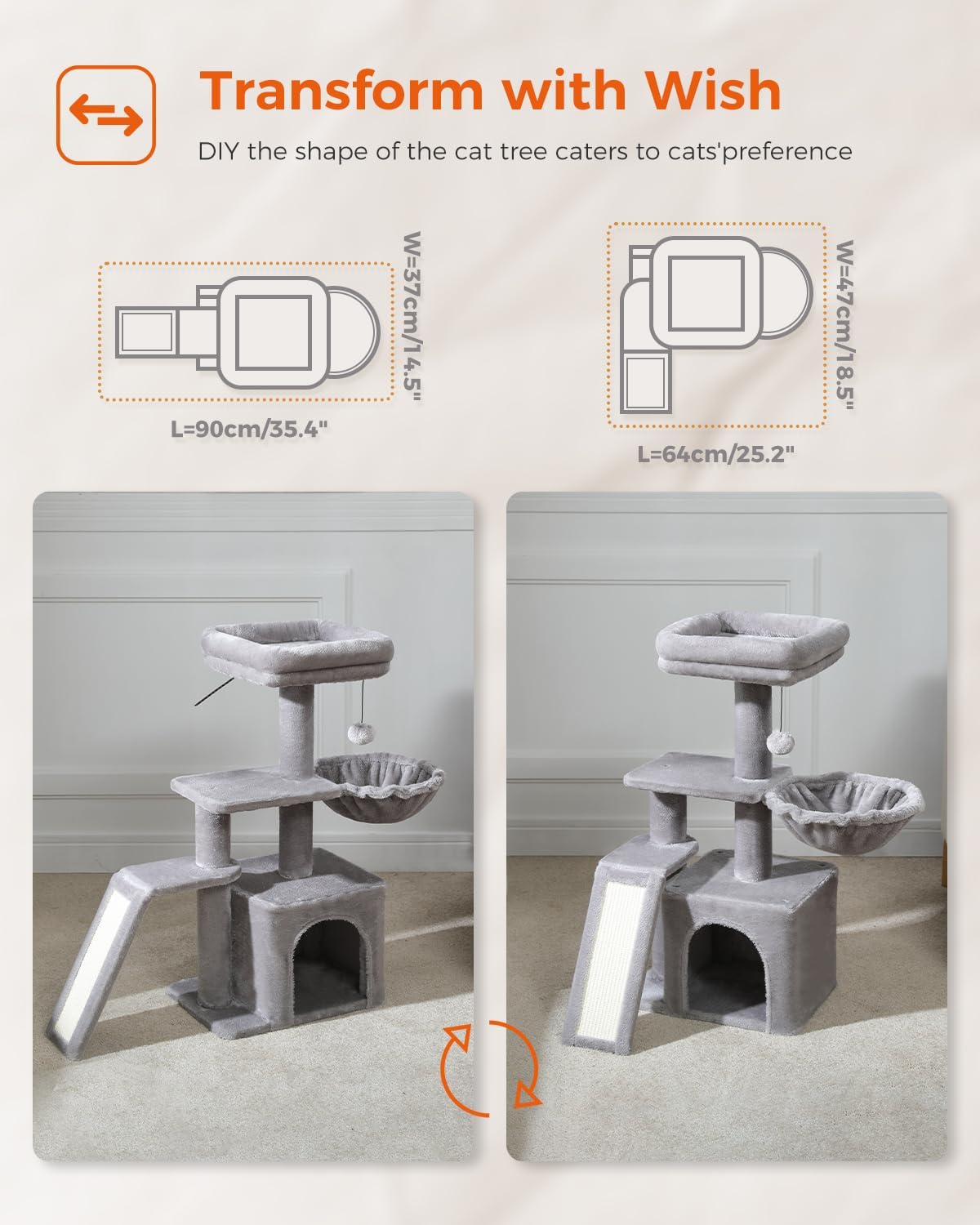 PETEPELA Kratzbaum für kleine Zimmerkatzen, Plüsch-Katzenturm mit großer Katzenwohnung, tiefer Hängematte und Sisal-Katzenkratzbaum für Kätzchen, Grau 