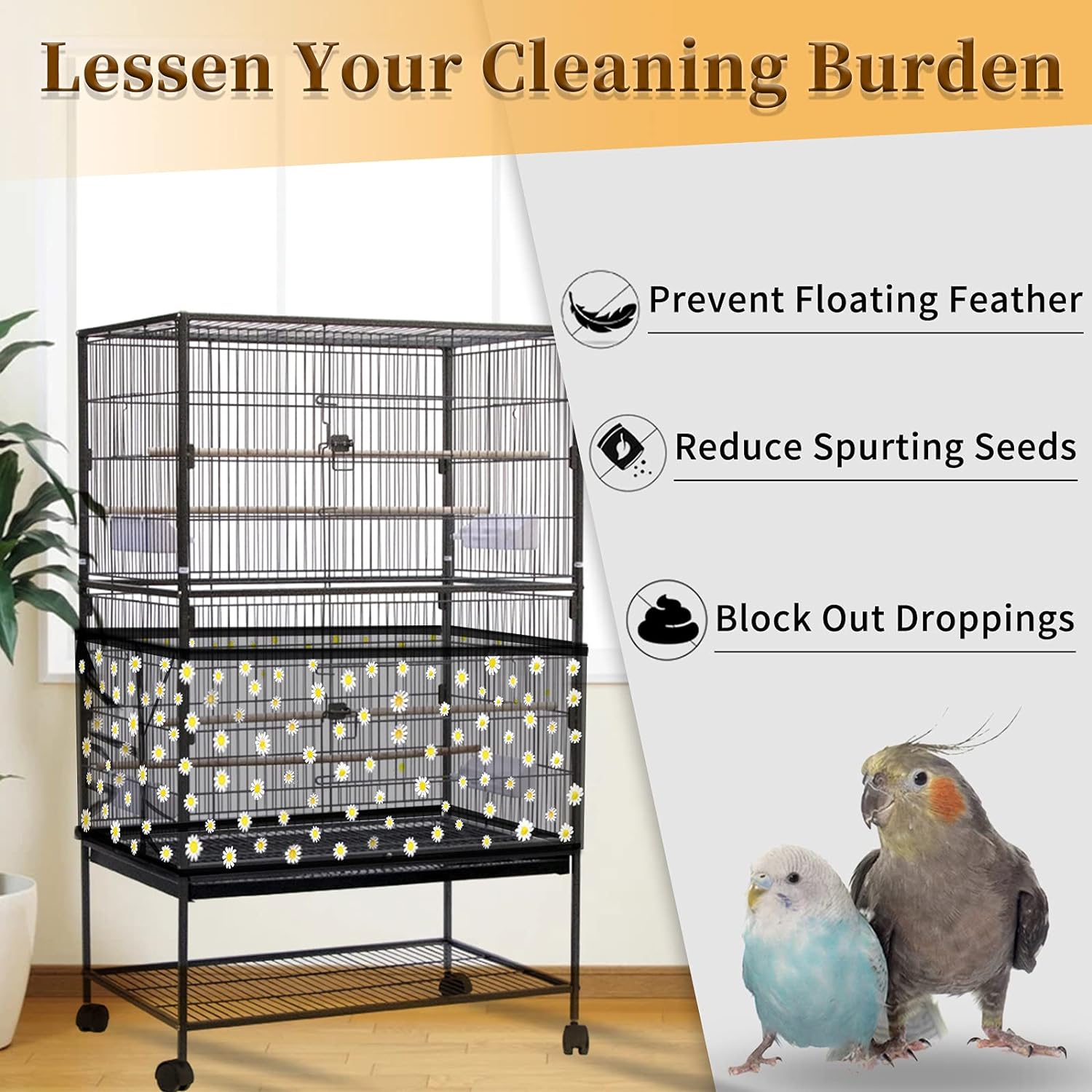 Daoeny Large Bird Cage Cover, Bird Cage Seed Catcher, Adjustable Soft Airy Nylon Mesh Net, Birdcage Cover Skirt Seed Guard for Parrot Parakeet Macaw African Round Square Cages (Black)