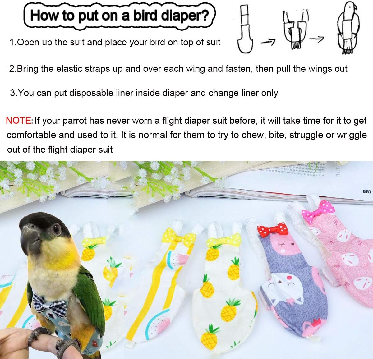 Bonaweite Bird Diaper Flight Suite Liners, schützende Papageienwindel mit wasserdichter Innenschicht, niedlicher Urin-Nassanzug für Aras, Wellensittiche, Sittiche, Agapornis, Fischeri, Nymphensittiche 