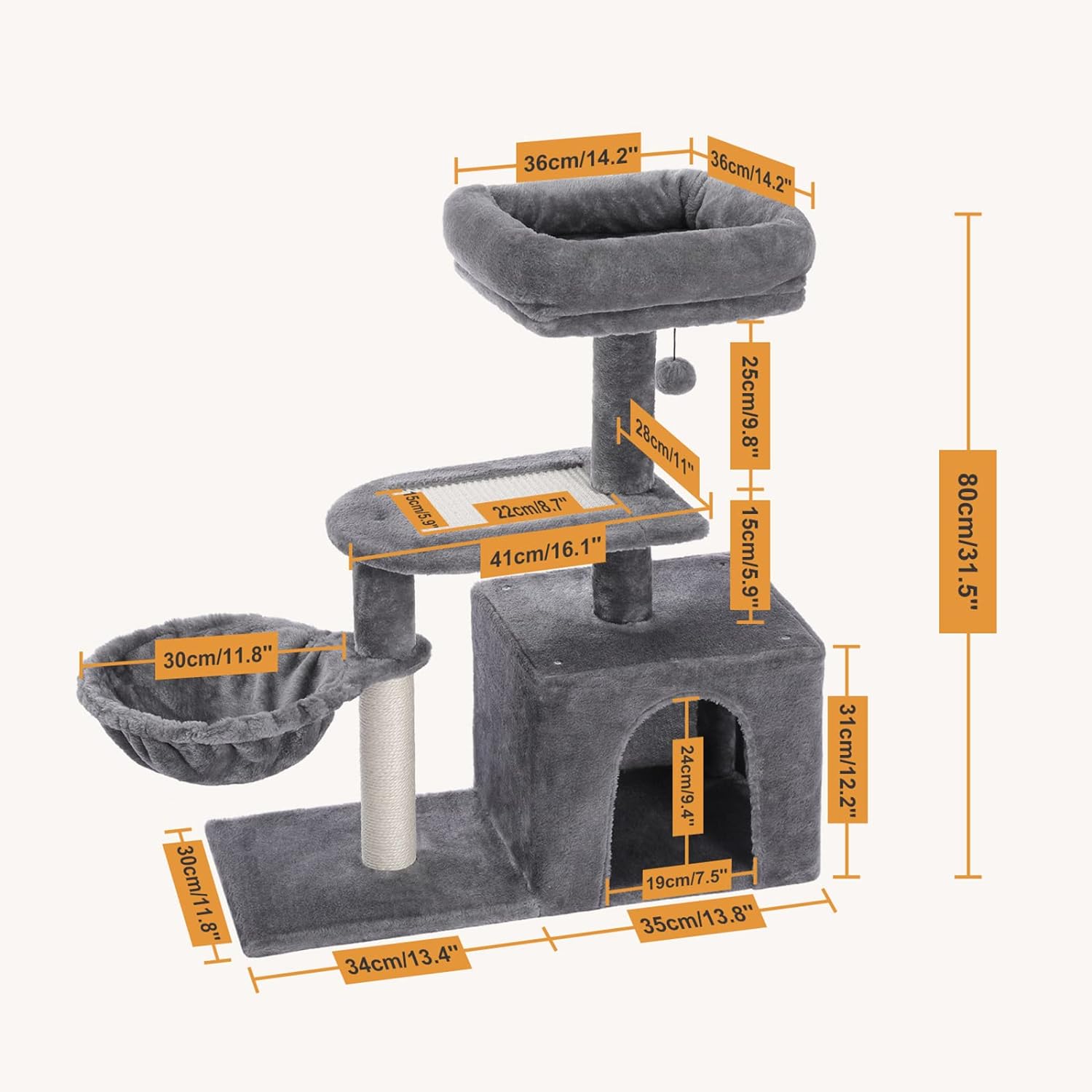 PETEPELA Árbol para gatos pequeños de interior, torre de felpa para gatos con condominio grande para gatos, hamaca profunda y poste rascador de sisal para gatitos, color gris 