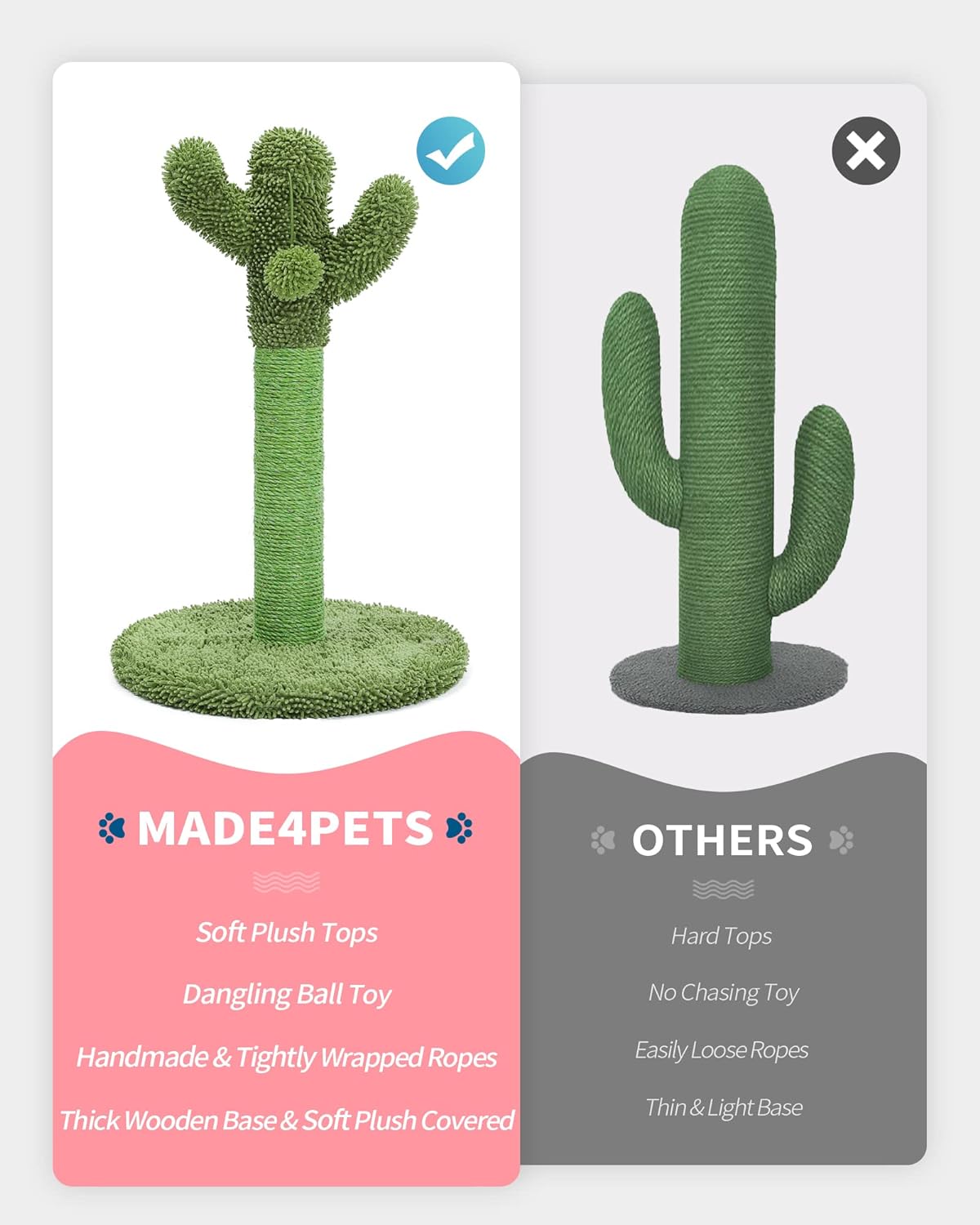 Made4Pets Poste rascador para gatos, rascador de cactus para gatos con cuerda de sisal para rascador de garras de gatos de interior, árbol vertical para gatos verde con bola colgante para gatitos, mediano-25.6 pulgadas 