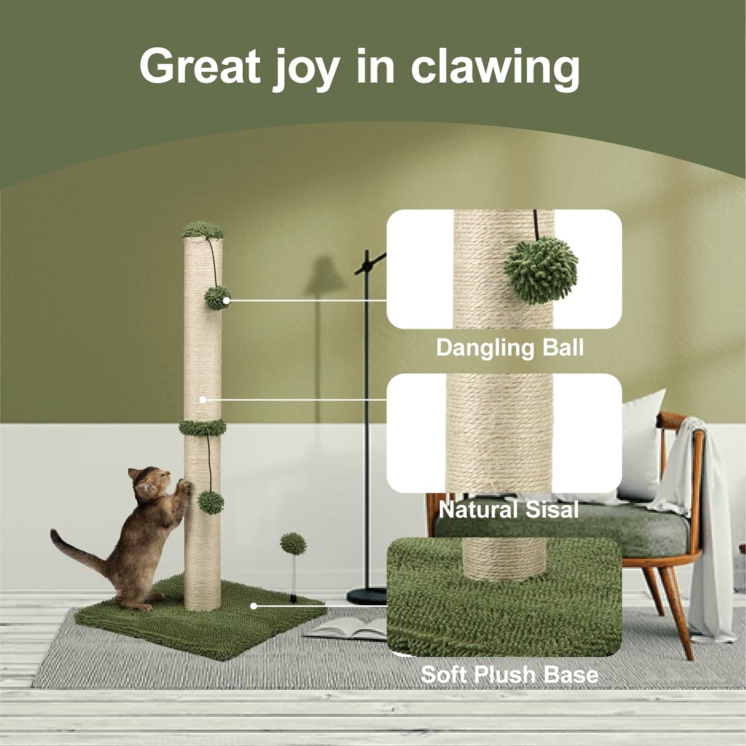 MECOOL 34 Zoll hoher Katzenkratzbaum Premium Basics Kitten Scratcher Sisal-Kratzbäume Bäume mit hängendem Ball für Hauskatzen (34 Zoll für erwachsene Katzen, Beige) 