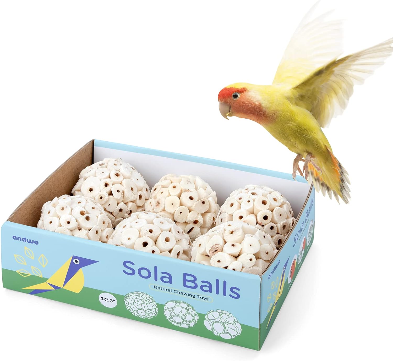 andwe Vogelspielzeug Sola Balls – natürliches, weiches Kau-, Zerkleinerungs- und Futtersuchspielzeug für Nymphensittiche, Sittiche, Quäker, Papageien, Wellensittiche, Sittiche, Kaninchen, Hasen, Meerschweinchen, Chinchillas (Stil 2 (6 Stück)) 