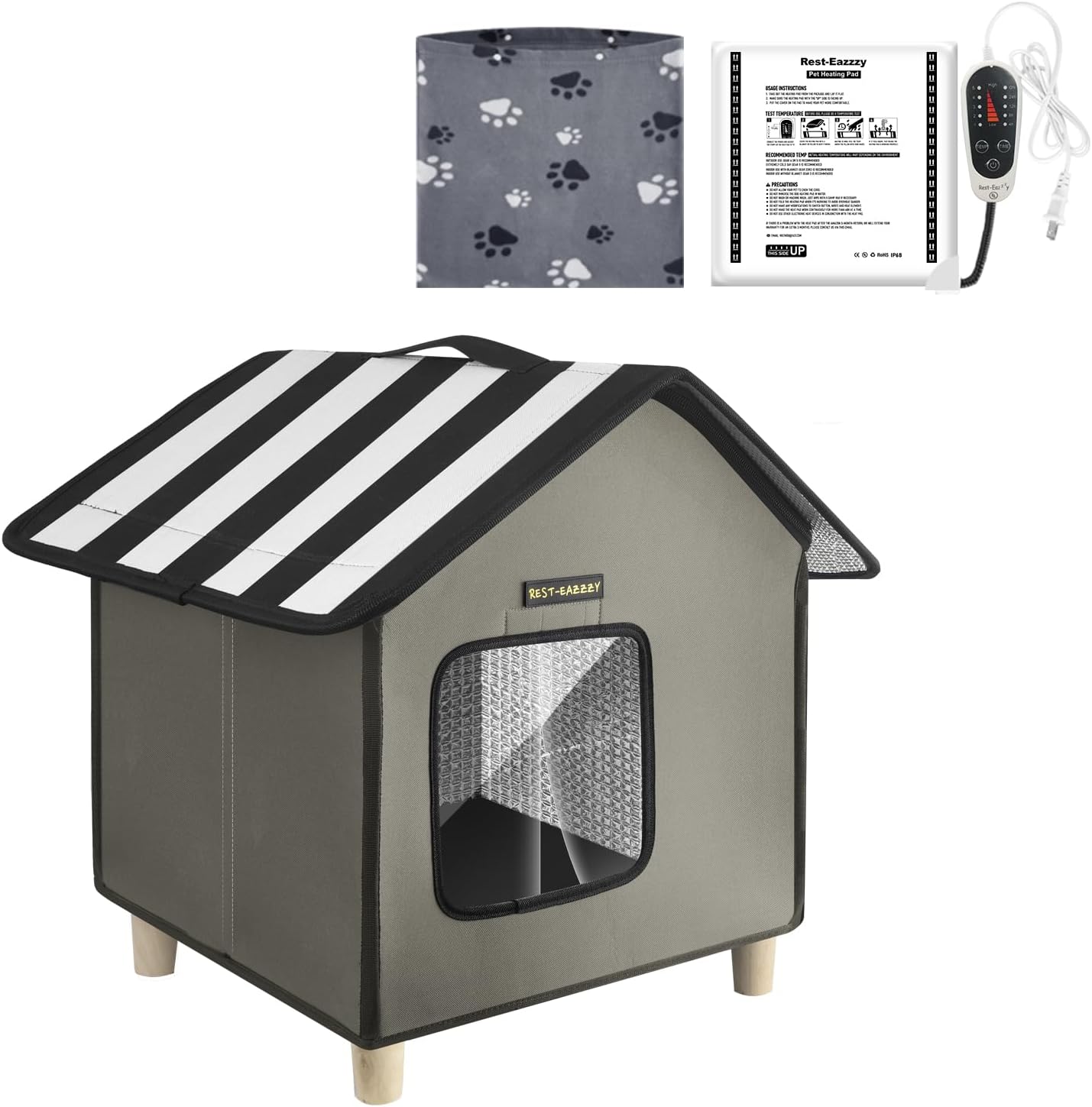 Rest-Eazzzy Cat House, Outdoor Cat Bed, Weatherproof Cat Shelter for Outdoor Cats Dogs and Small Animals (Heat Grey S)