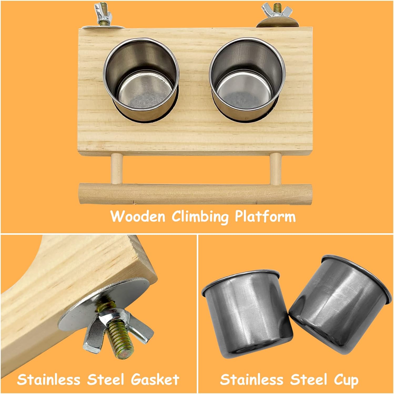 Tfwadmx Comida para pájaros Tazas de acero inoxidable Soporte de perca de madera Comedero colgante Cuencos Suministros de alimentación y riego para periquitos Conures Cockatiels Budgie Parrot 