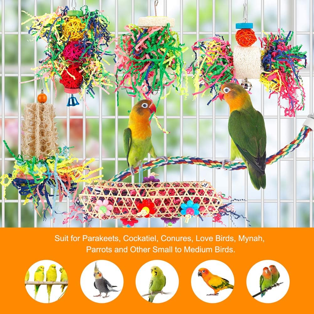 Bird Toys Bird Shredding Foraging Toys Parakeet Toy Chewing Hanging Toy Bird Shredded Paper Bird Cage Accessories Bird Rope Perch for Conure Cockatiel Budgies Lovebird Parrotlet (Without Rope Perch)