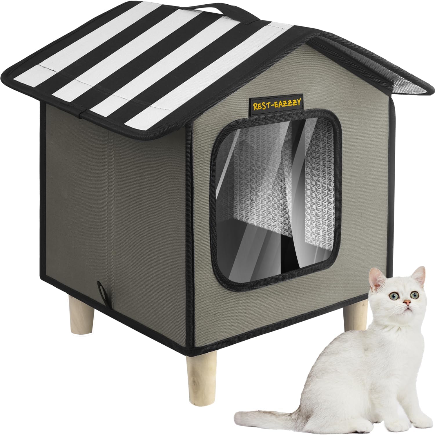 Rest-Eazzzy Katzenhaus, Katzenbett im Freien, wetterfester Katzenunterschlupf für Katzen, Hunde und Kleintiere im Freien (Heat Grey S) 