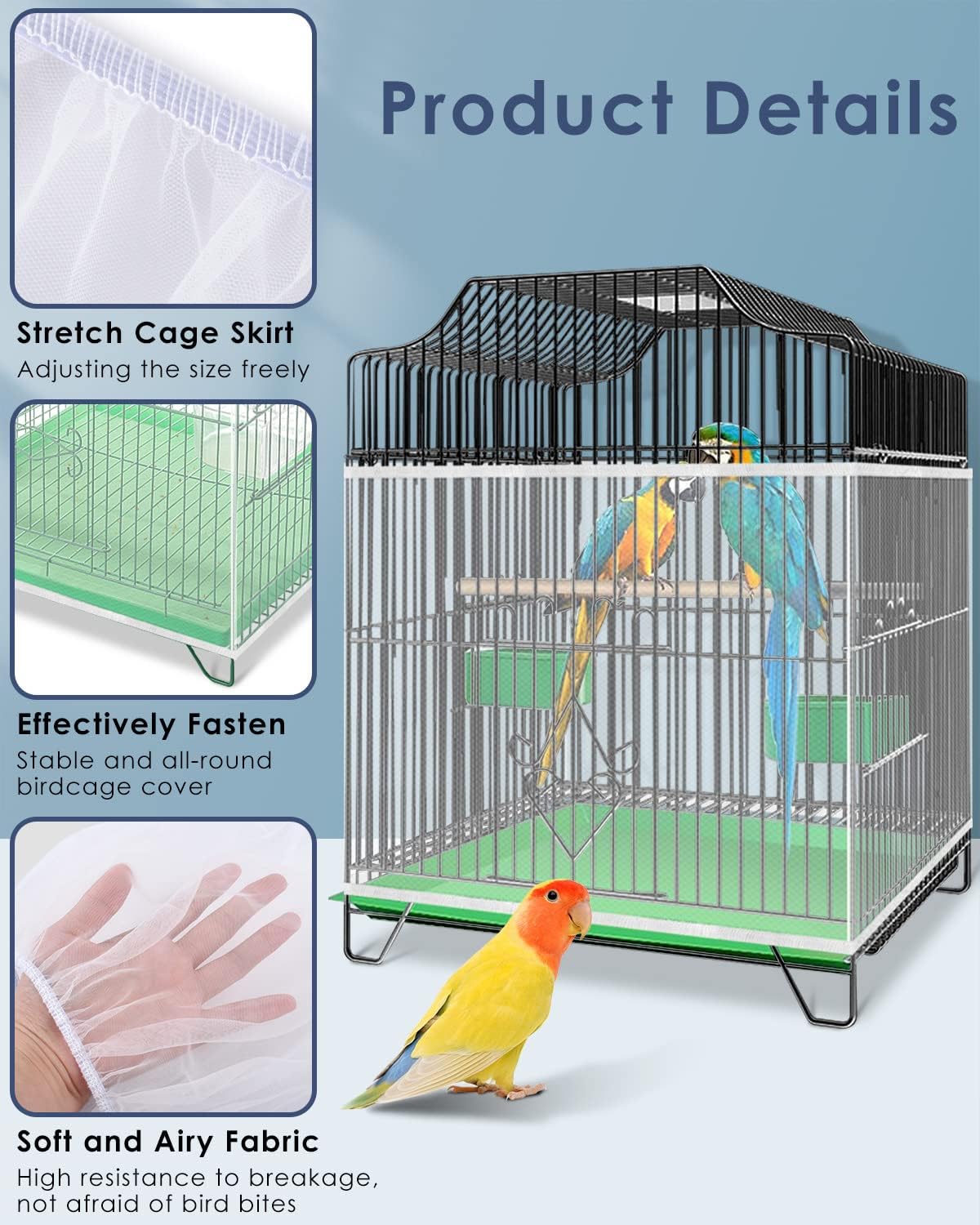 Bissap Bird Cage Seed Catcher, Universal Birdcage Net Nylon Adjustable Elastic Band Stretchy Skirts Mesh Cover for Parrot Cage Seed Guard (Not Include Birdcage)- White