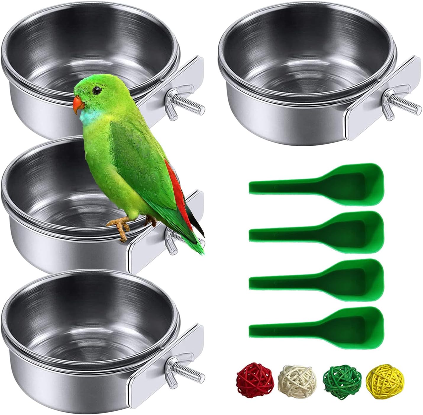 kathson Parrot Feeding Dish Cups,Stainless Steel Bird Food Water Bowl Parakeet Feeder Birds Cage Ball Toys with Clamp Holder for Cockatiel Macaw Budgies Small Animal Chinchilla (7 Pcs)