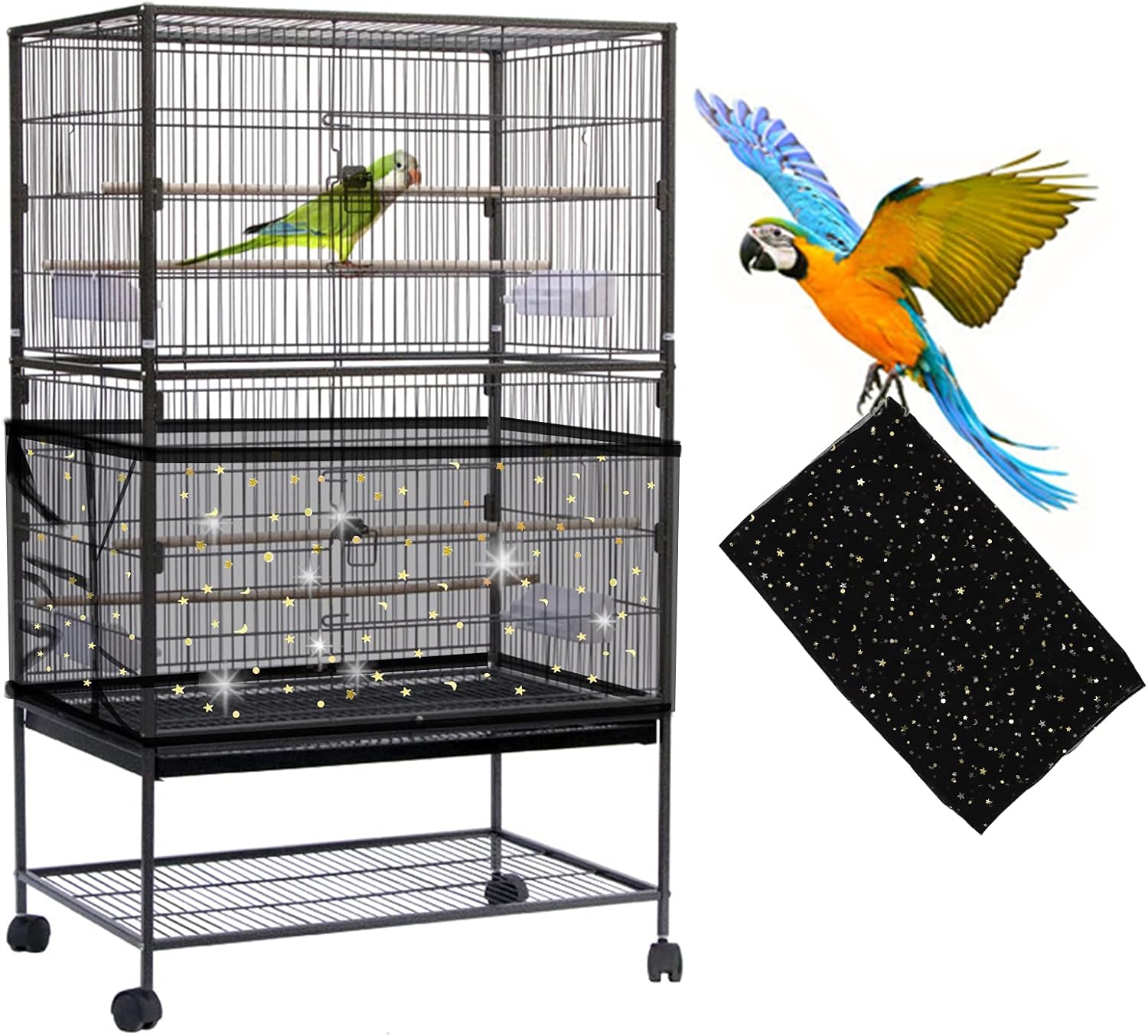 Daoeny Large Bird Cage Cover, Bird Cage Seed Catcher, Adjustable Soft Airy Nylon Mesh Net, Birdcage Cover Skirt Seed Guard for Parrot Parakeet Macaw African Round Square Cages (Black)