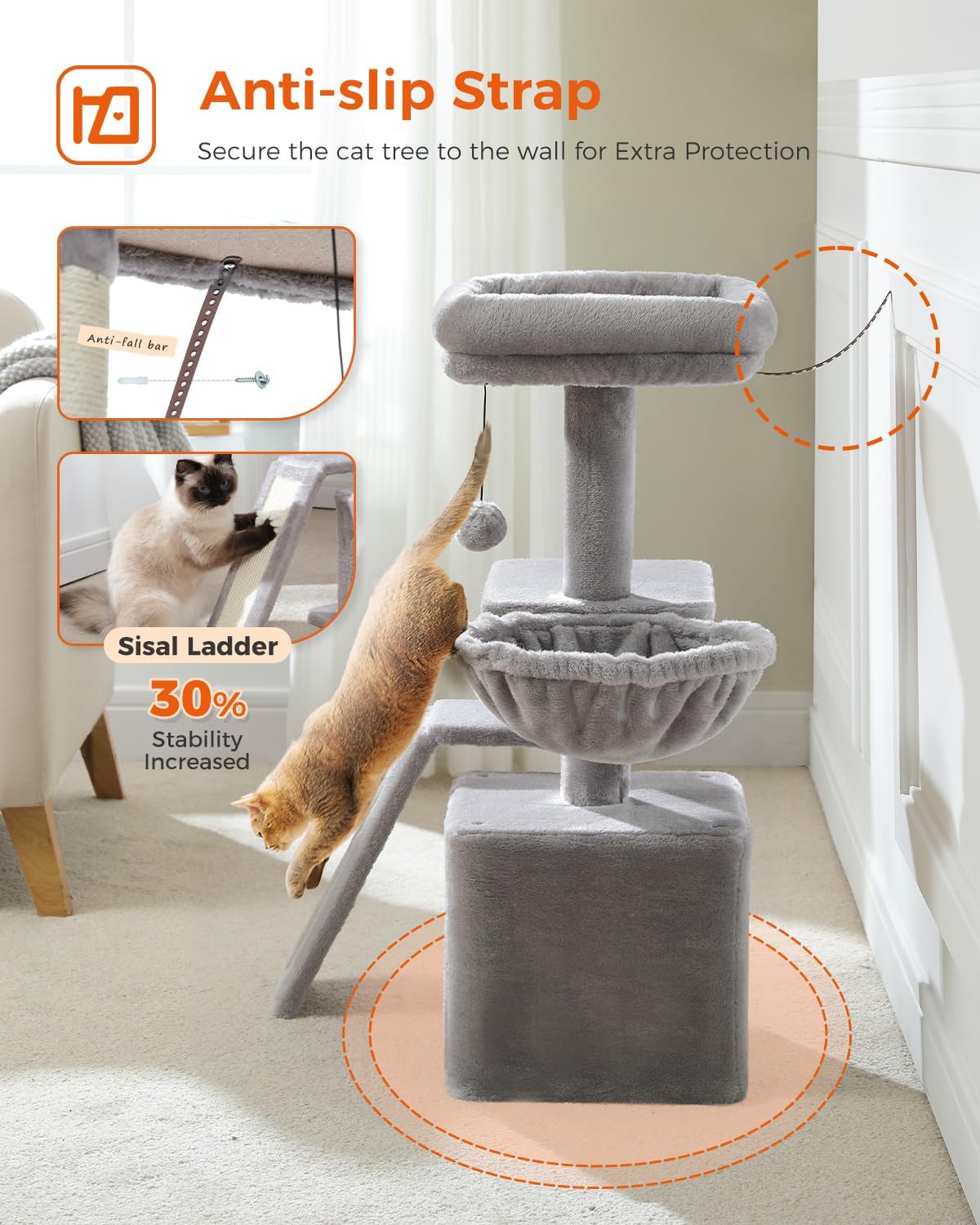 PETEPELA Cat Tree for Small Indoor Cats, Plush Cat Tower with Large Cat Condo, Deep Hammock and Sisal Cat Scratching Post for Kittens Grey