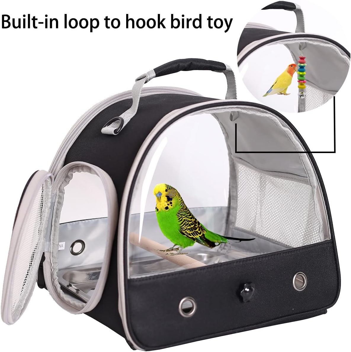 Small Bird Travel Cage Carrier, Portable Small Bird Parrot Parakeet Carrier with Standing Perch and Stainless Steel Tray, Side Access Window Collapsible