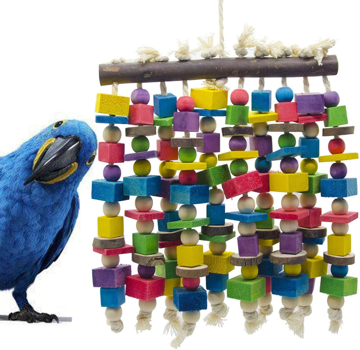 Deloky Juguete para masticar loros y pájaros grandes, bloques de madera natural multicolores, juguetes para desgarrar loros y pájaros, sugeridos para guacamayos grandes, cokatoos, gris africano y una variedad de loros amazónicos (15,7" x 9,8") 