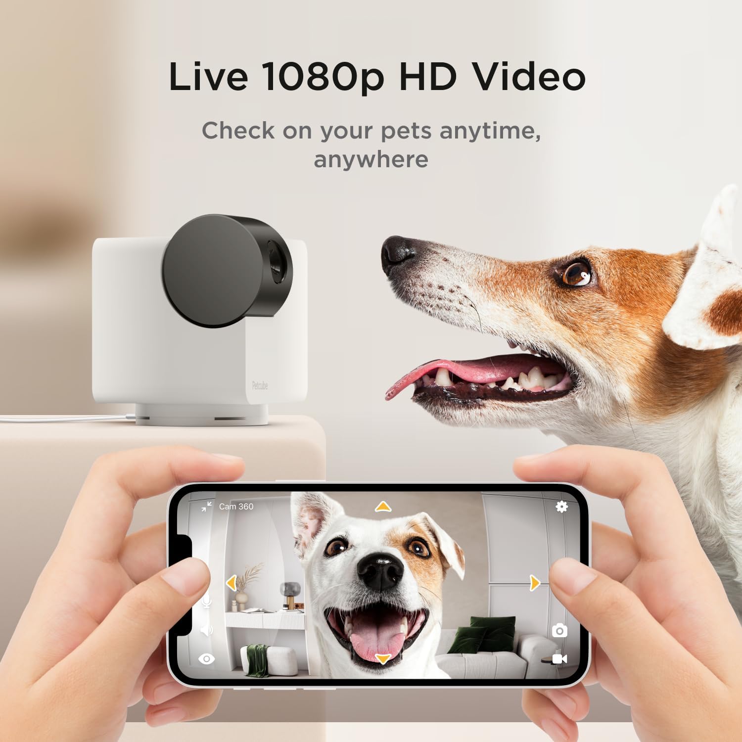 Cámara Petcube Cam 360 | Cámara panorámica e inclinable de seguridad para el hogar y mascotas WiFi interactiva definitiva con aplicación para teléfono, vídeo HD de 1080p, rotación de 360°, visión nocturna, alertas inteligentes para vigilancia del hogar 