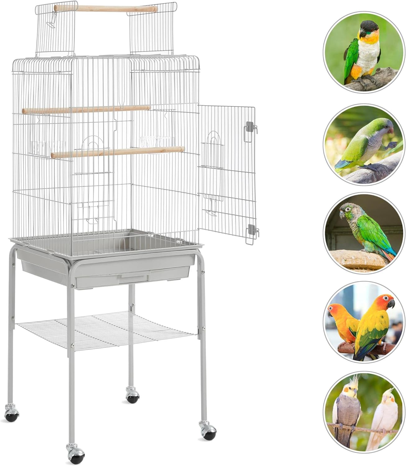 Yaheetech Open Top Rolling Parrot Bird Cage for Cockatiel Sun Parakeet Green Cheek Conure Mid-Sized Parrot Cage with Detachable Stand