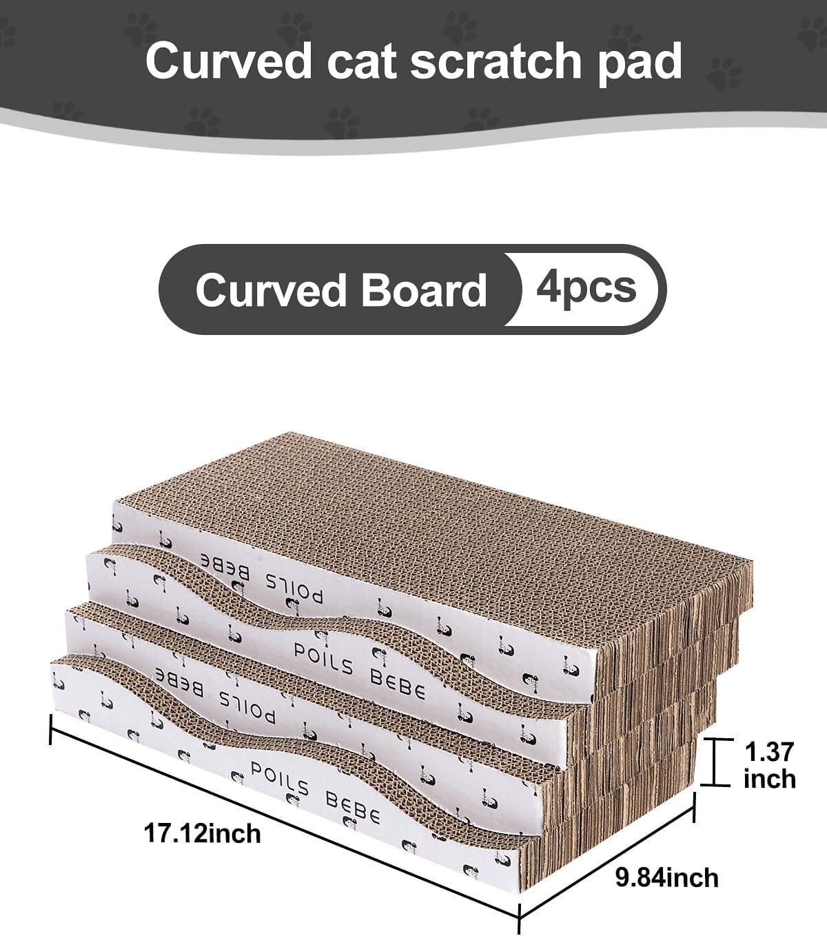 Poils bebe L Shape Cat Scratcher, 26.8 Inch Cat Scratchers for Indoor Cats, Protecting Furniture Cat Scratch Pad, Cardboard Cat Scratching with Ball Toy, Catnip, Large