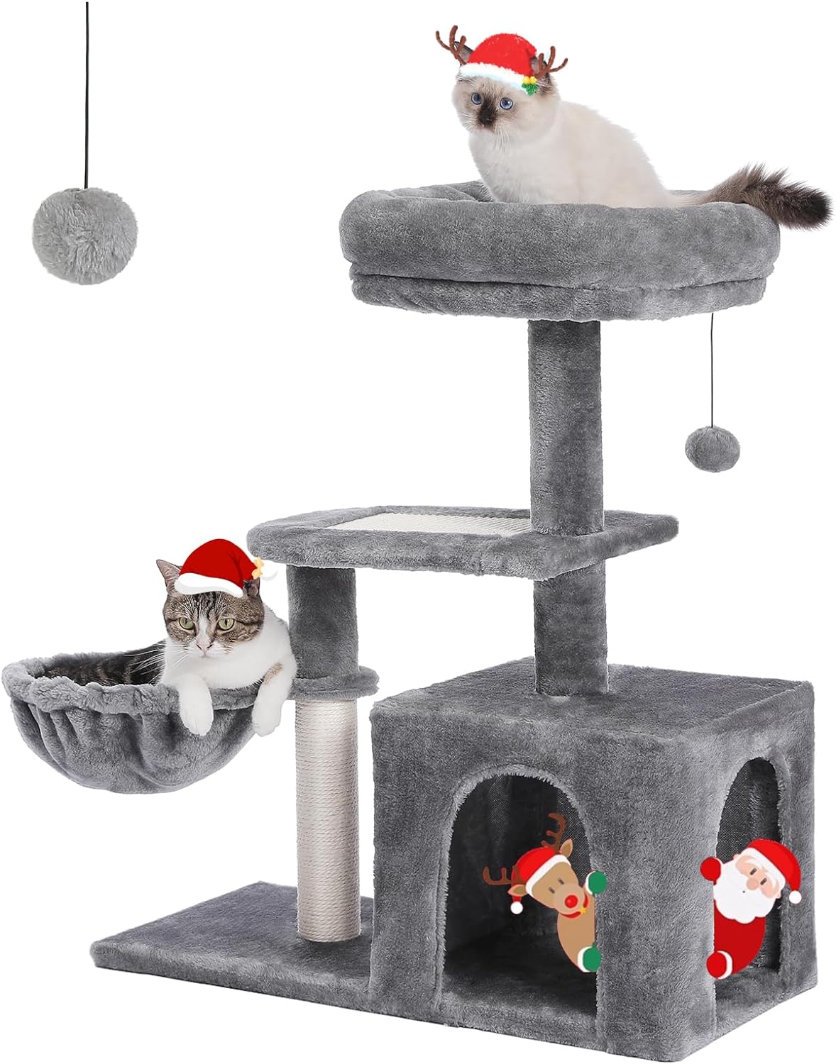 PETEPELA Árbol para gatos pequeños de interior, torre de felpa para gatos con condominio grande para gatos, hamaca profunda y poste rascador de sisal para gatitos, color gris 