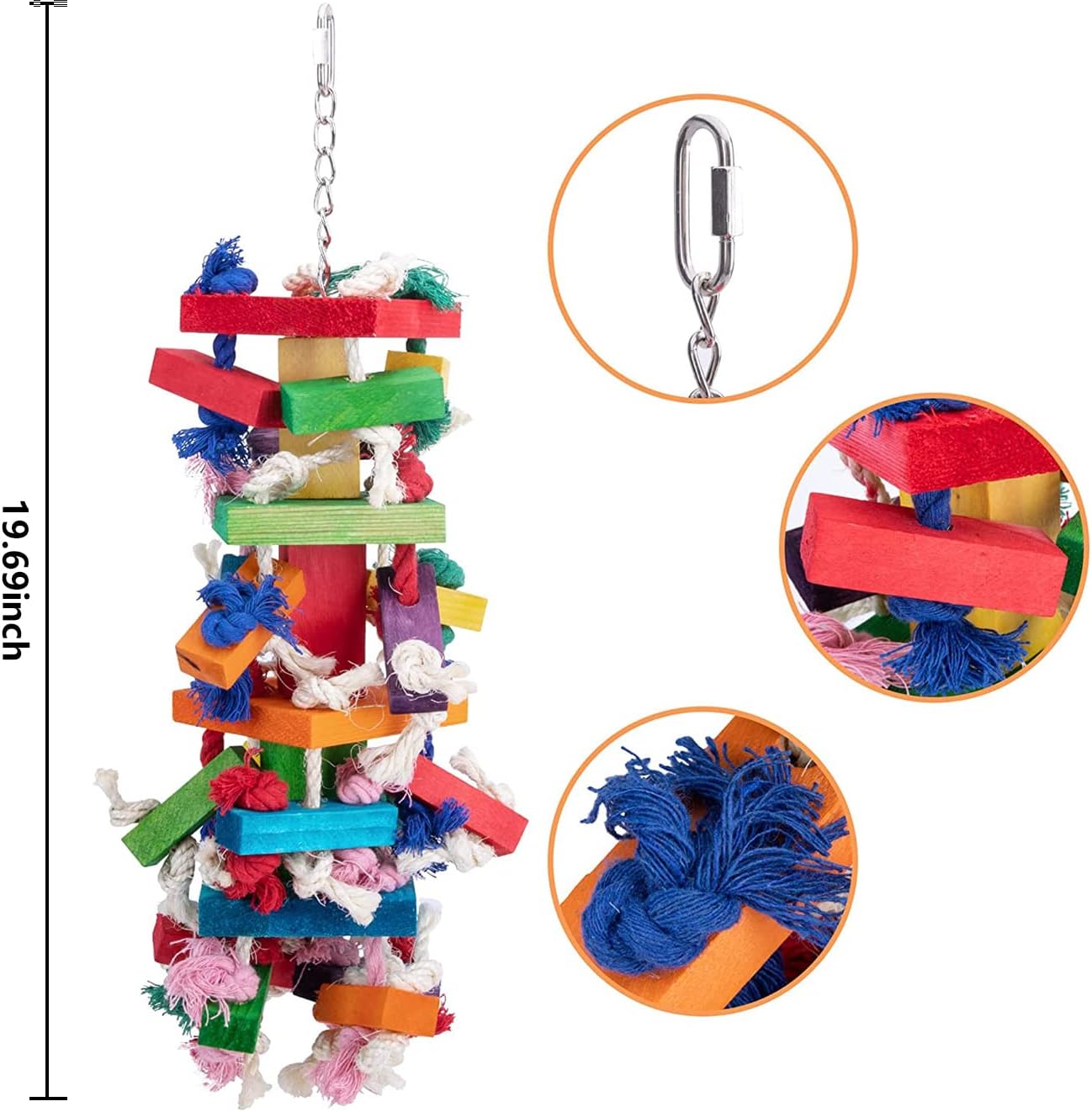 Deloky Bird Block Knots Tearing Toy – 19,7 Zoll großes, mehrfarbiges Papageien-Kauspielzeug aus Naturholz, empfohlen für Aras, Graupapageien und eine Vielzahl von Amazonas-Papageien. (Große Größe) 