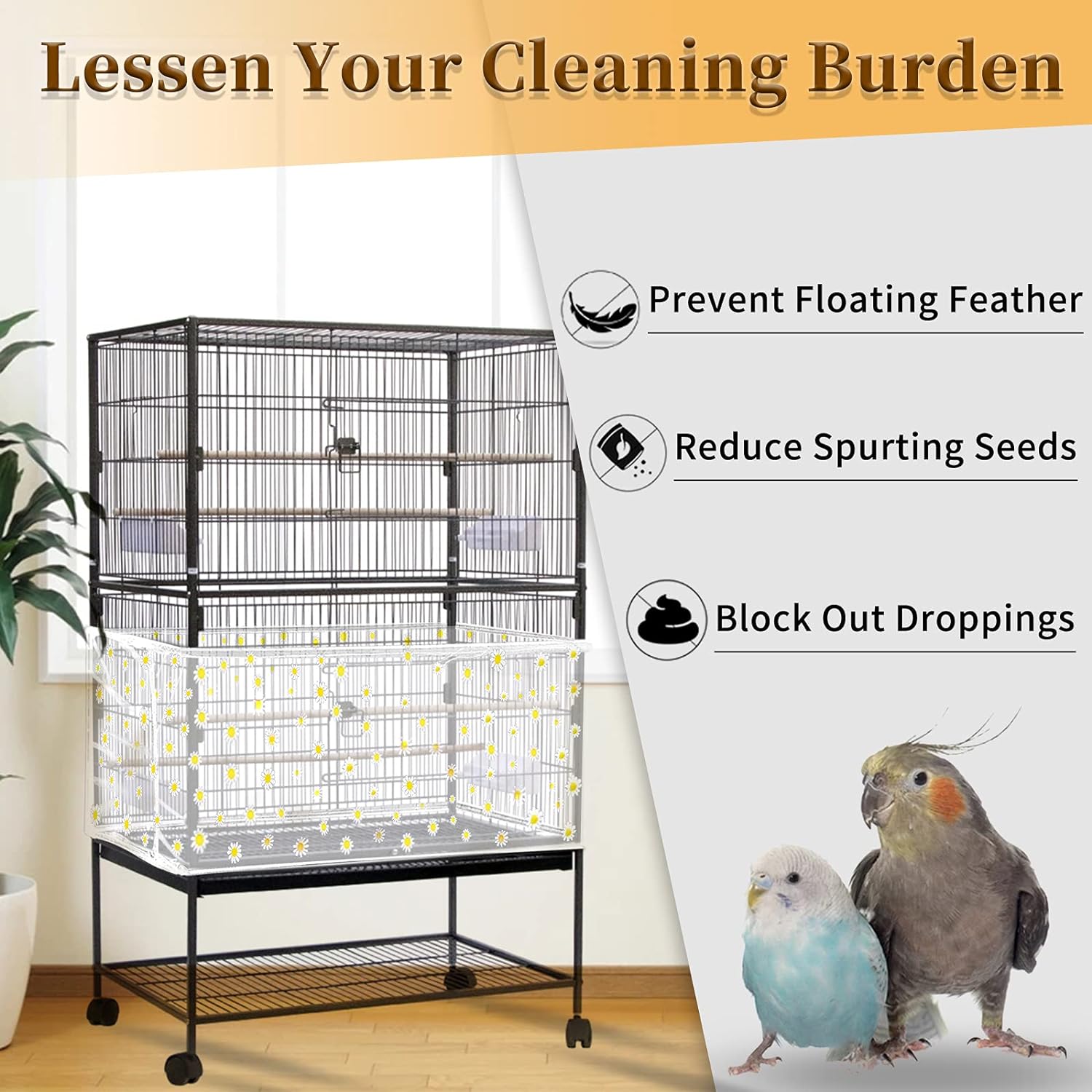 Daoeny Large Bird Cage Cover, Bird Cage Seed Catcher, Adjustable Soft Airy Nylon Mesh Net, Birdcage Cover Skirt Seed Guard for Parrot Parakeet Macaw African Round Square Cages (Black)