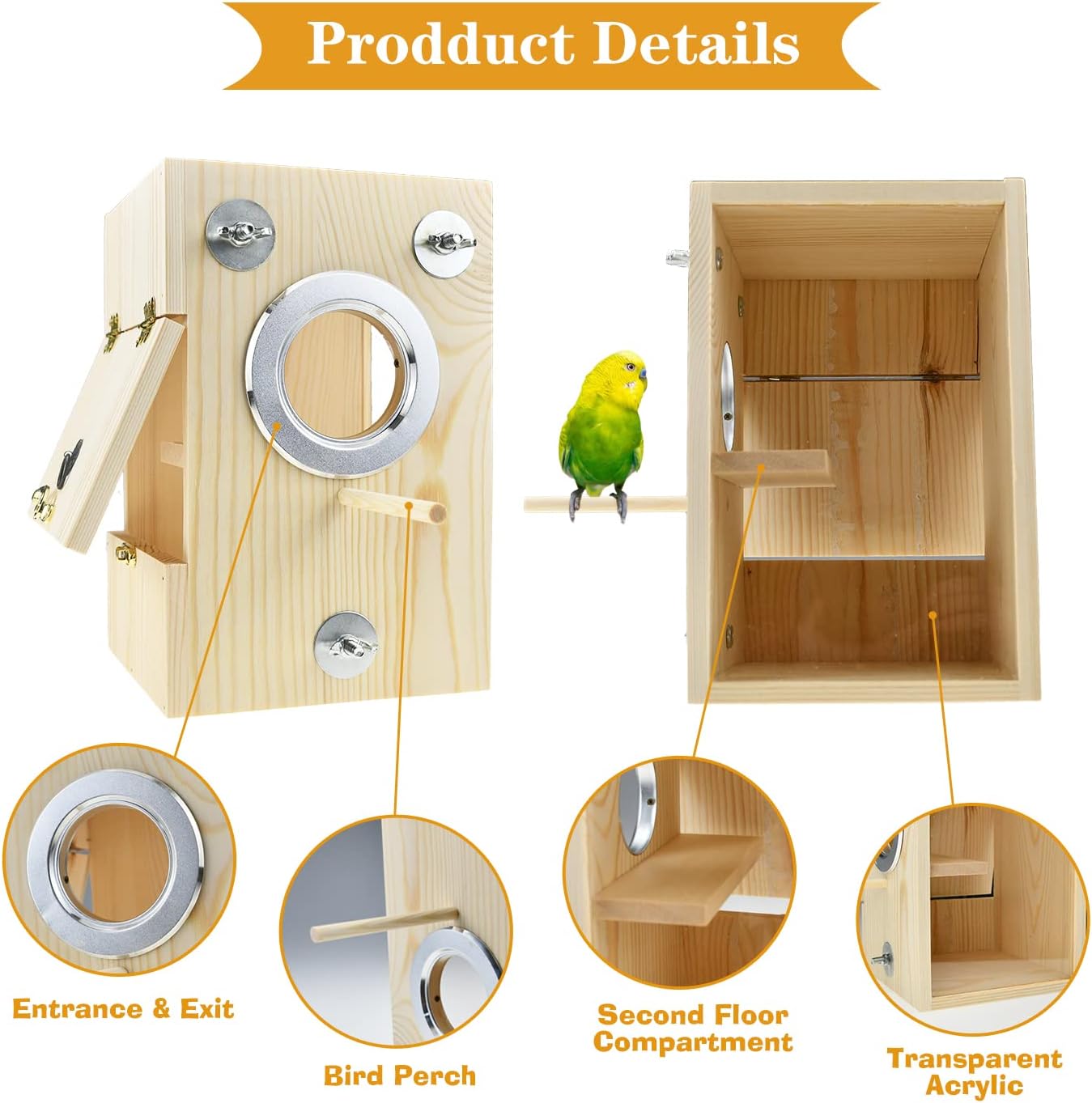 CooShou Bird Nest Box Parakeet Breeding Nest Box Bird Nest House Wooden Acrylic Transparent Breeding Box for Finch Lovebirds Cockatiel Budgie Conure Parrot