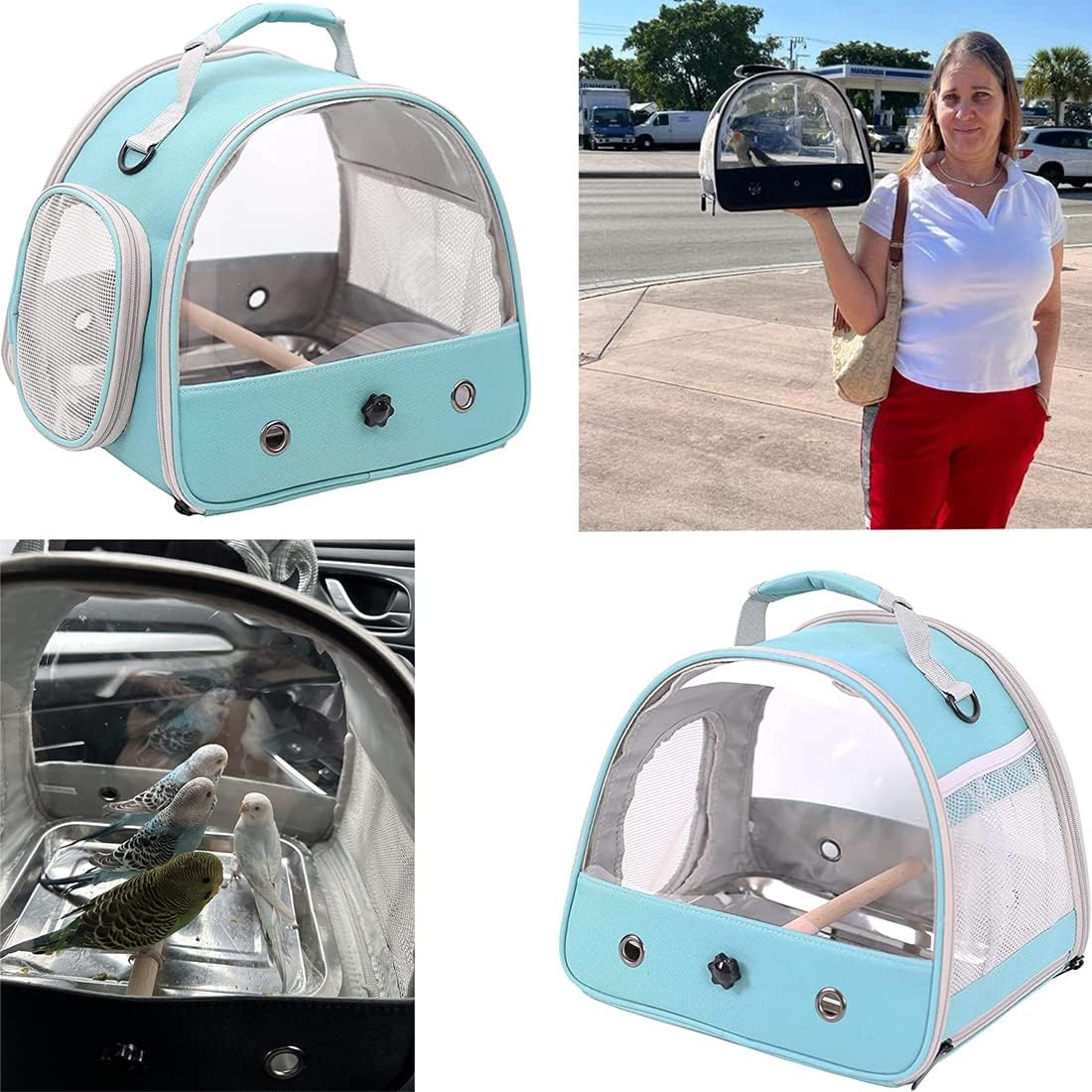 Small Bird Travel Cage Carrier, Portable Small Bird Parrot Parakeet Carrier with Standing Perch and Stainless Steel Tray, Side Access Window Collapsible