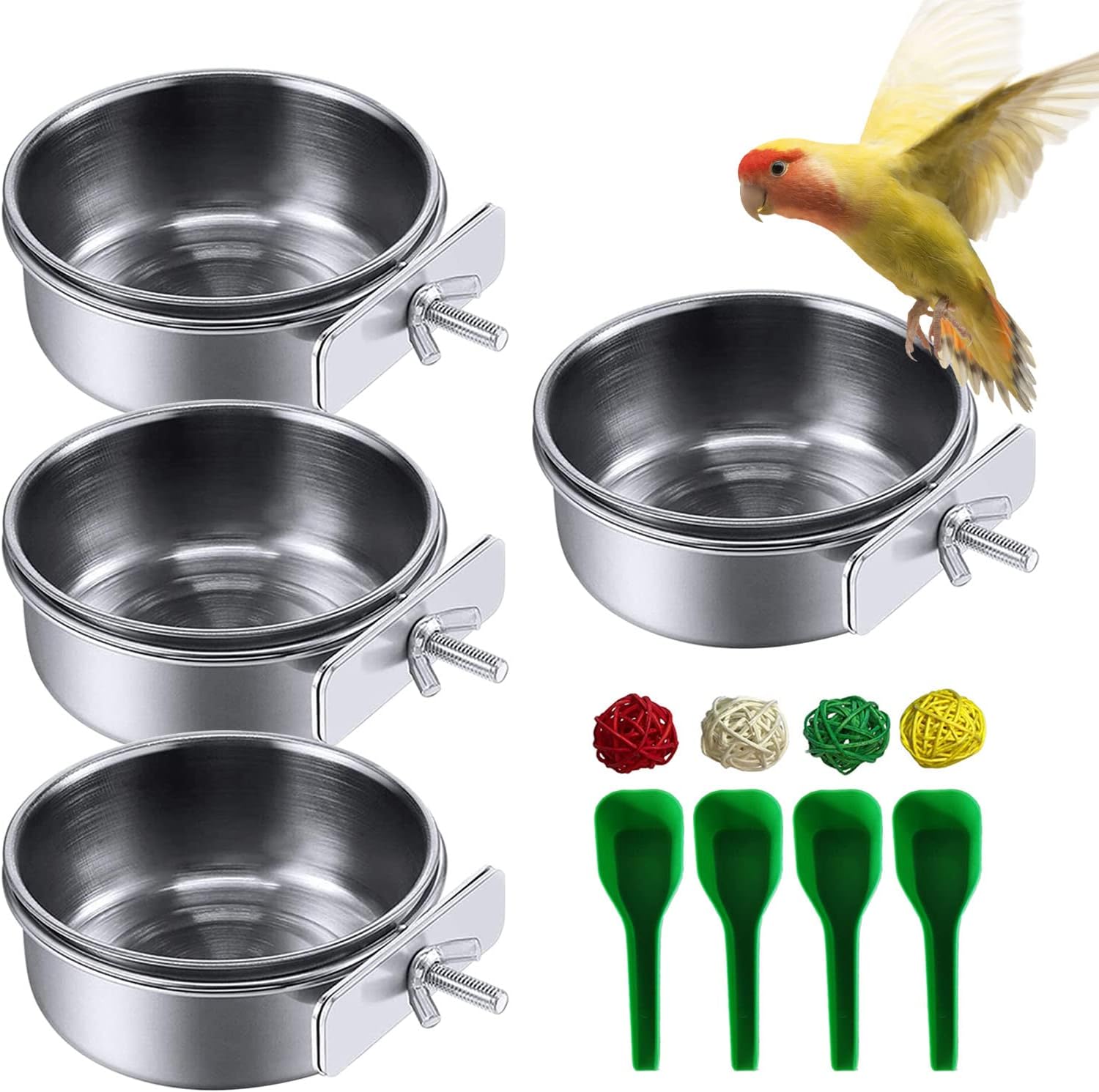 kathson Parrot Feeding Dish Cups,Stainless Steel Bird Food Water Bowl Parakeet Feeder Birds Cage Ball Toys with Clamp Holder for Cockatiel Macaw Budgies Small Animal Chinchilla (7 Pcs)