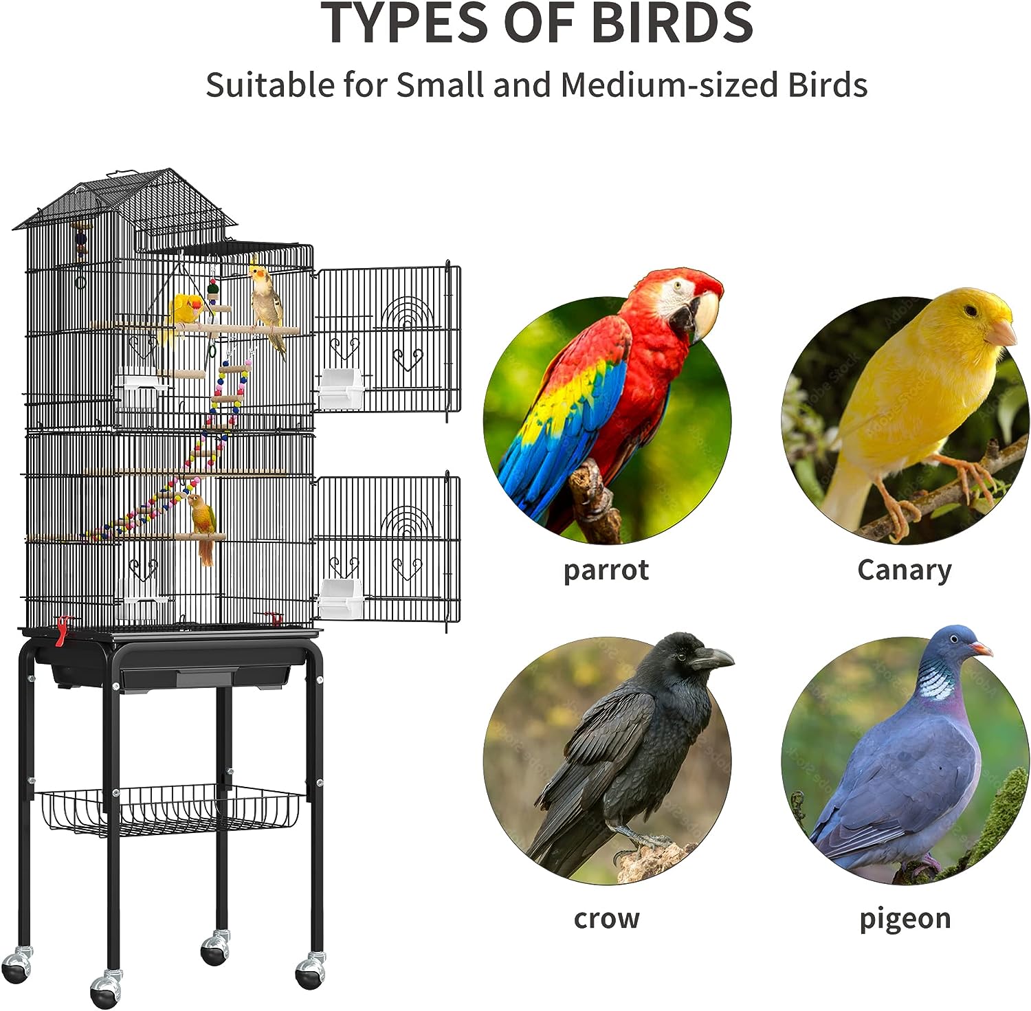 YITAHOME Jaula de metal para pájaros de 62 pulgadas, jaulas grandes para periquitos para loros, cacatúas, agapornis, palomas con techo, soporte rodante y juguetes colgantes 