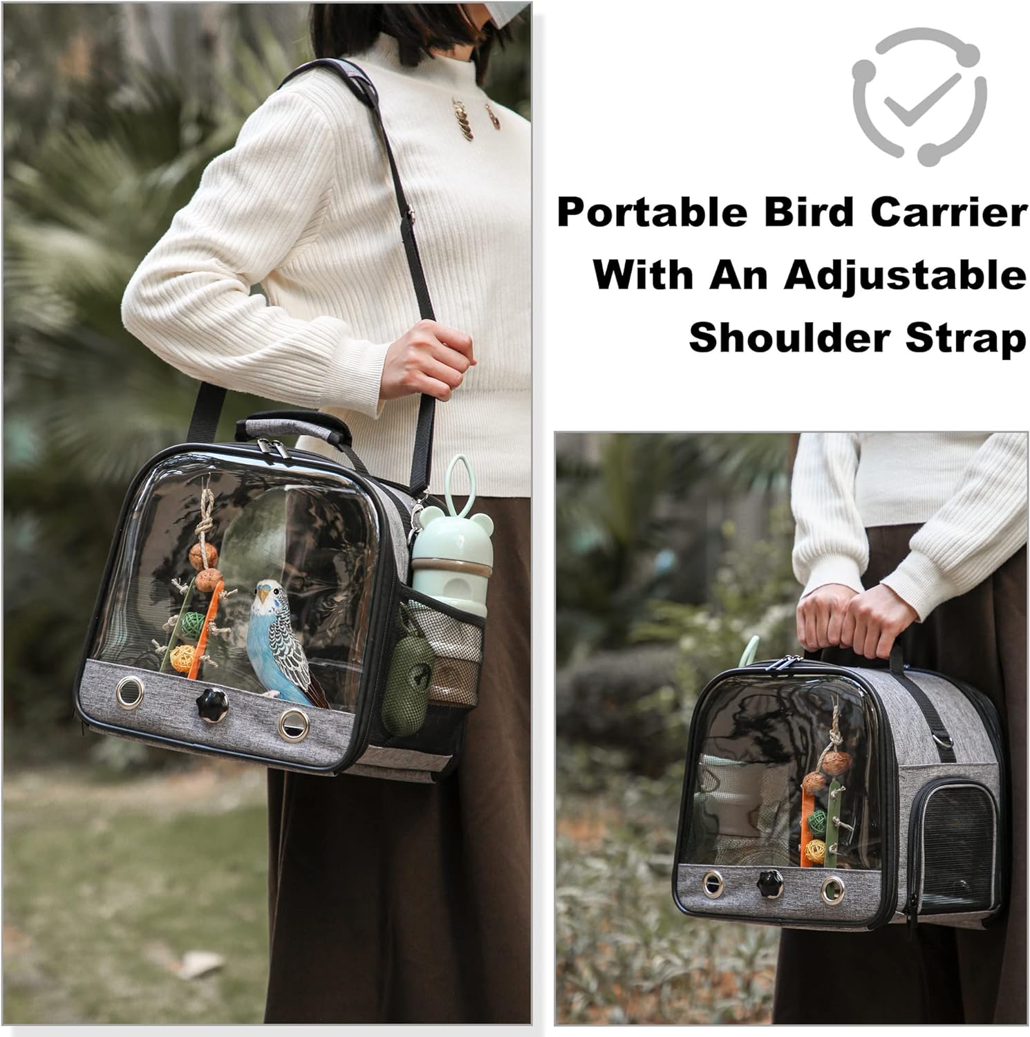 SUERTREE Bolsa transportadora para pájaros, jaula de viaje para pájaros con soporte, mochila ligera para loros, bolsa de viaje portátil para pájaros, jaula de viaje transparente y transpirable para mascotas 