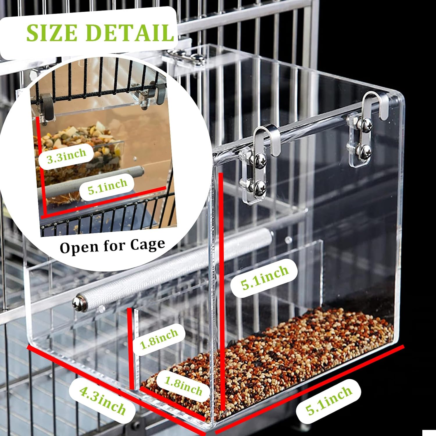 Bird Cage Feeder, No Mess Bird Feeder for Cage, No Spill Automatic Bird Feeder for Cage Mess Free Bird Feeder for Parakeet Parrot Cockatiels Lovebirds Bird Cage Seed Feeder 5.1Inch