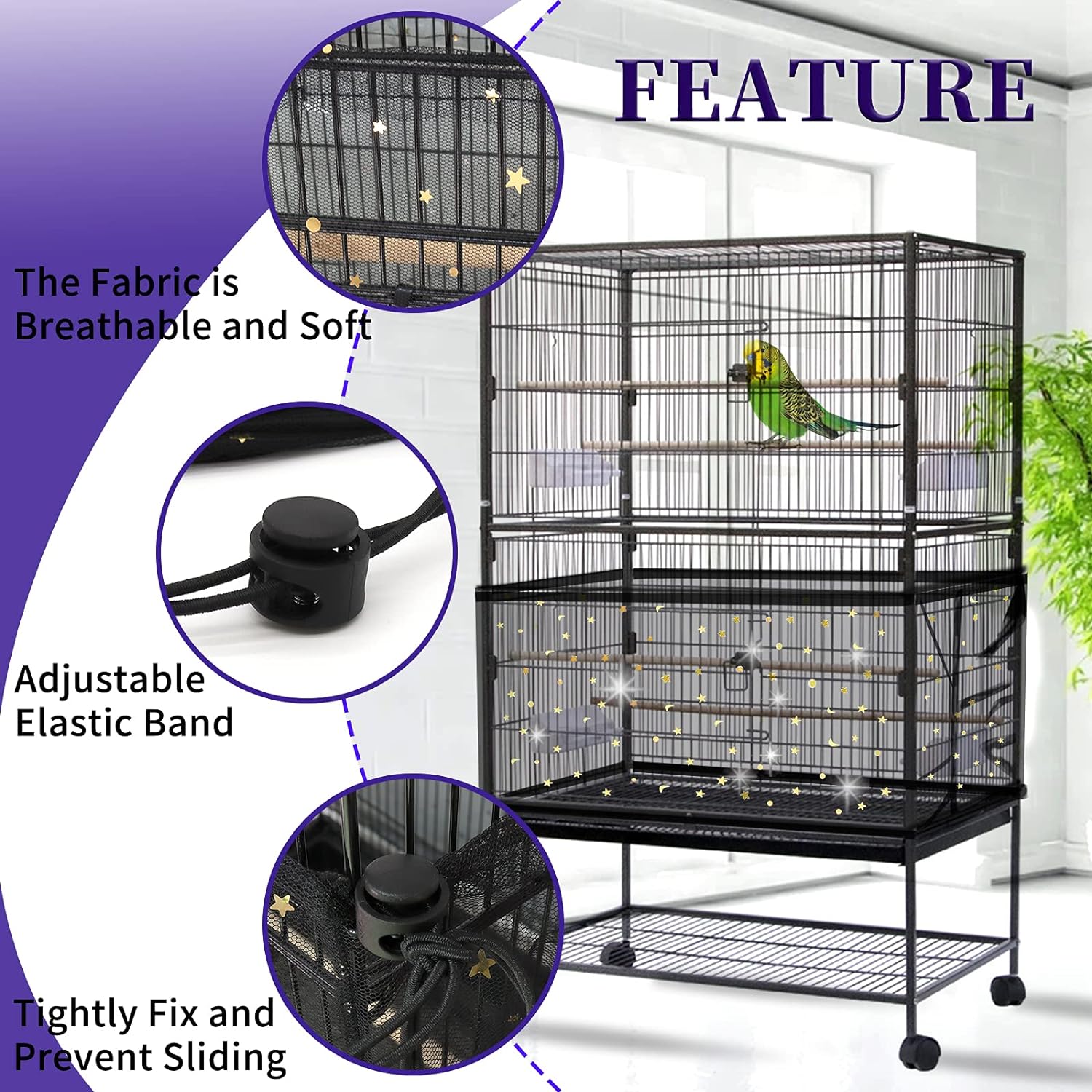 Daoeny Large Bird Cage Cover, Bird Cage Seed Catcher, Adjustable Soft Airy Nylon Mesh Net, Birdcage Cover Skirt Seed Guard for Parrot Parakeet Macaw African Round Square Cages (Black)