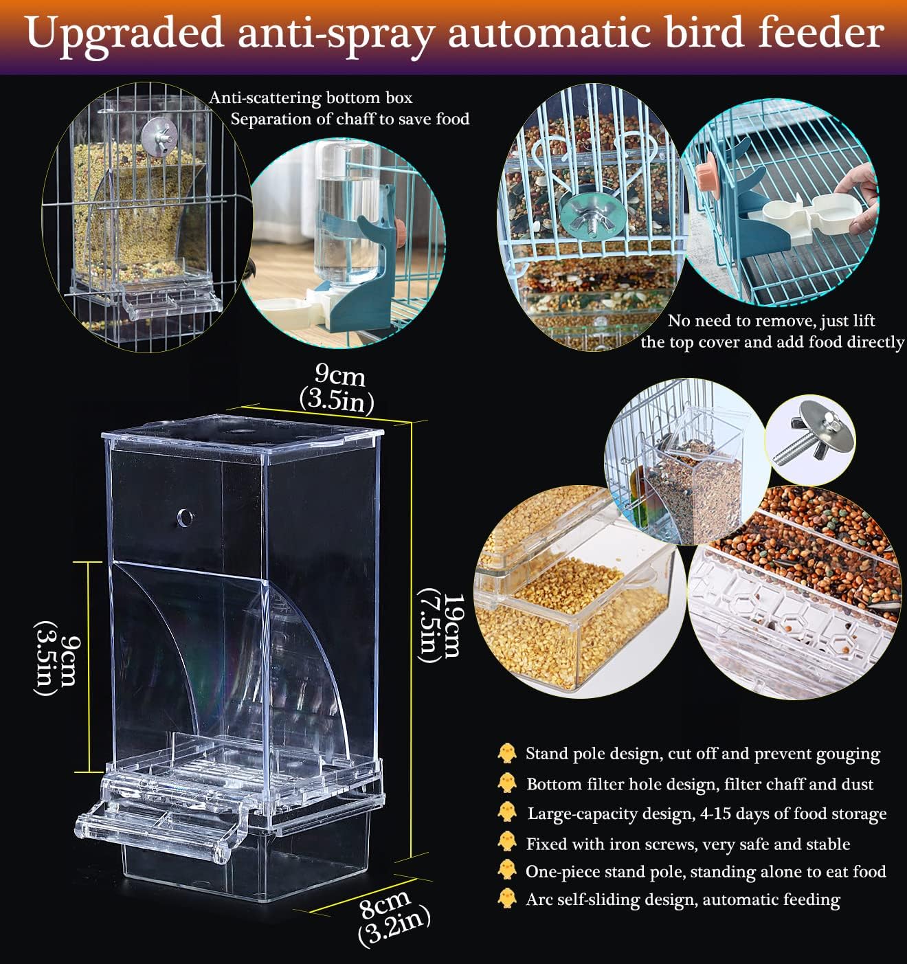 Kenond No Mess Bird Feeder Water Dispenser Set, Automatic Parrot Feeder Cage Accessories, Clear Parakeet Seed Container Food Feeder Drinker for Cage, Cockatiel Squirrel Finch Lovebirds Budgies Canary