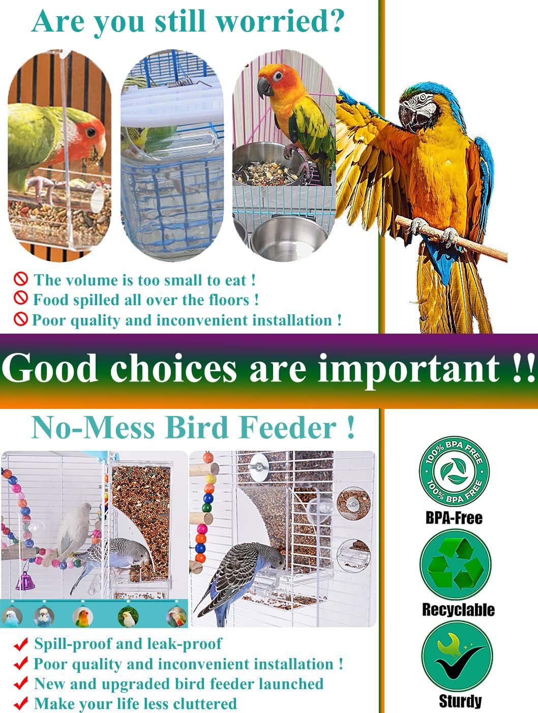 Kenond No Mess Bird Feeder Water Dispenser Set, Automatic Parrot Feeder Cage Accessories, Acrylic Parakeet Seed Food Feeder Drinker for Cage, Cockatiel Squirrel Finch Lovebirds Budgies Canary