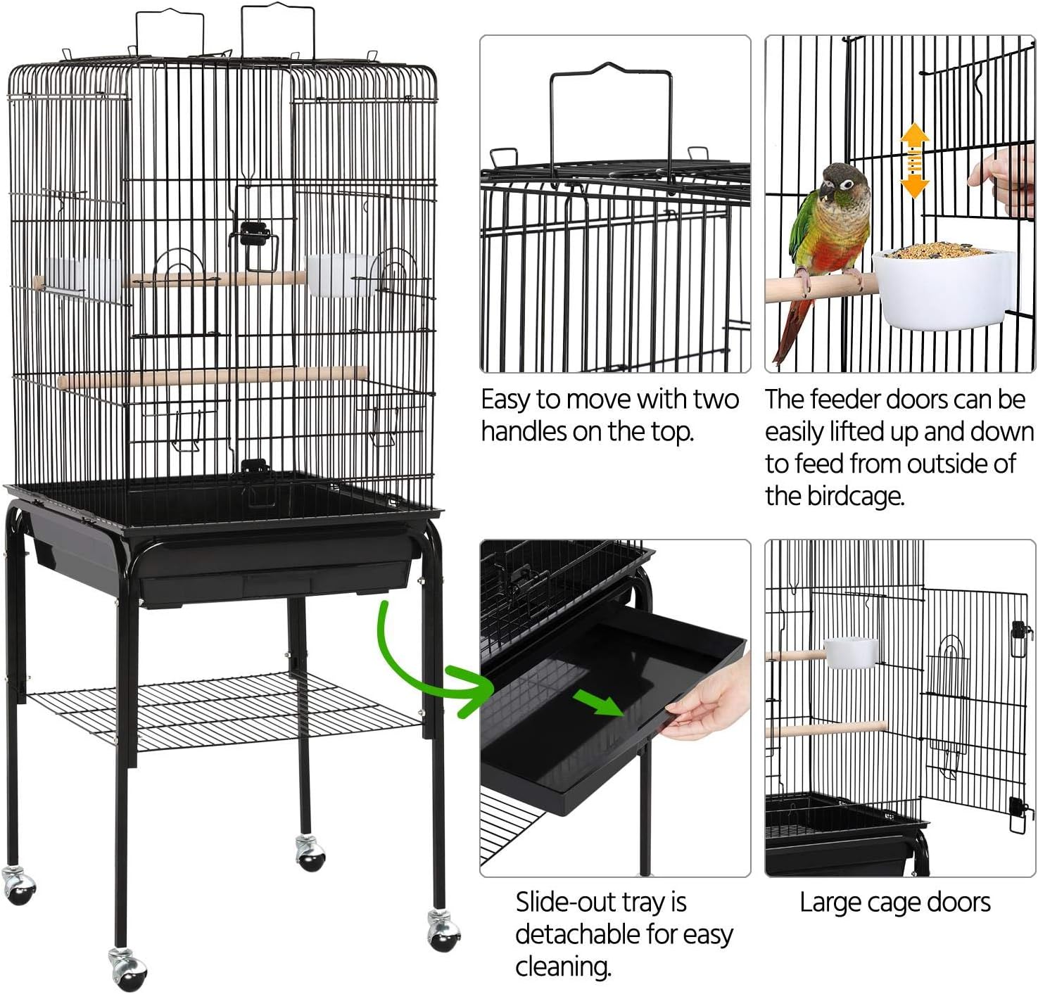 Yaheetech Open Top Rolling Parrot Bird Cage for Cockatiel Sun Parakeet Green Cheek Conure Mid-Sized Parrot Cage with Detachable Stand