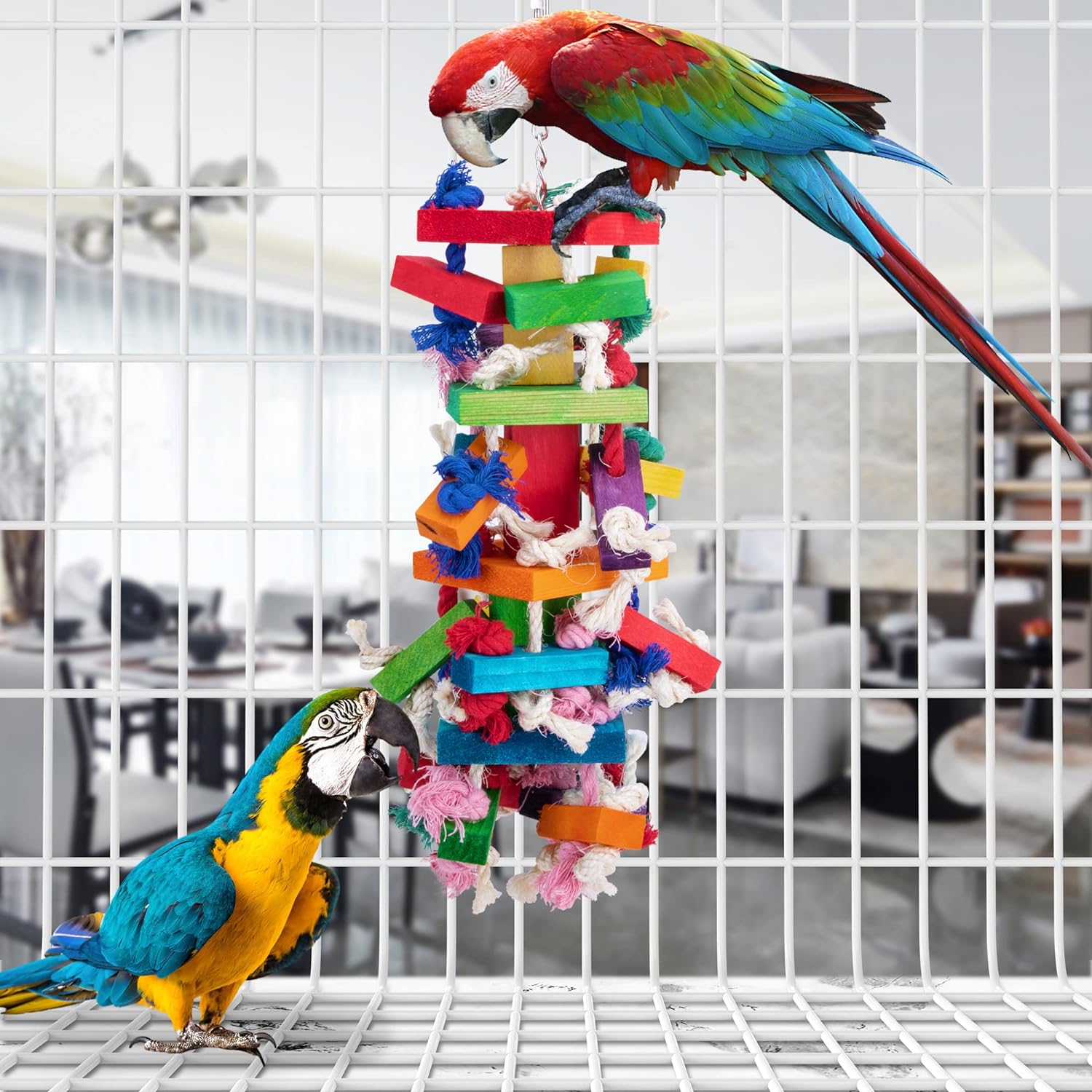 Deloky Bird Block Knots Tearing Toy – 19,7 Zoll großes, mehrfarbiges Papageien-Kauspielzeug aus Naturholz, empfohlen für Aras, Graupapageien und eine Vielzahl von Amazonas-Papageien. (Große Größe) 