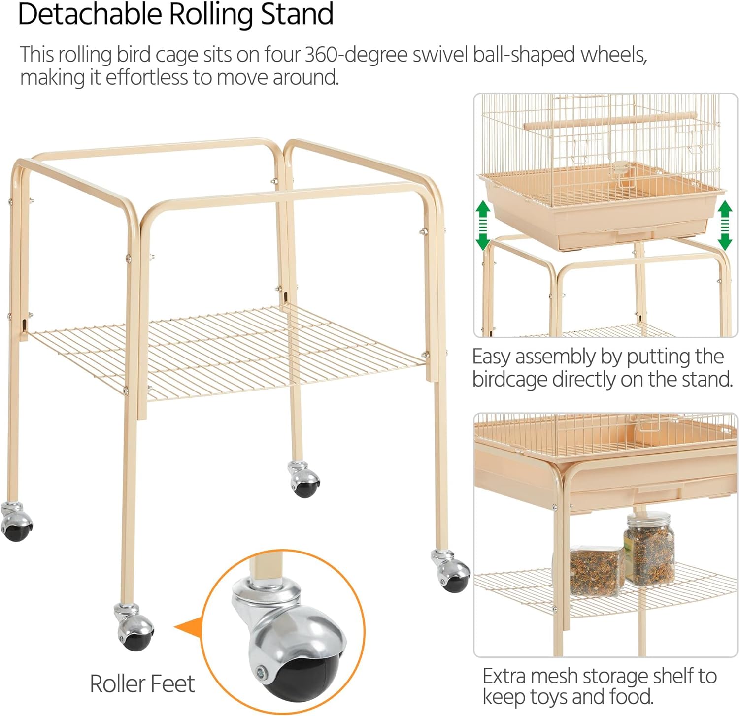 Yaheetech Open Top Rolling Parrot Bird Cage for Cockatiel Sun Parakeet Green Cheek Conure Mid-Sized Parrot Cage with Detachable Stand