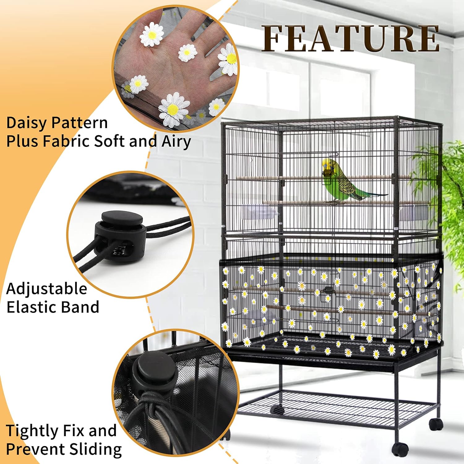 Daoeny Large Bird Cage Cover, Bird Cage Seed Catcher, Adjustable Soft Airy Nylon Mesh Net, Birdcage Cover Skirt Seed Guard for Parrot Parakeet Macaw African Round Square Cages (Black)