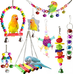 ESRISE 8 piezas de juguetes para pájaros, cacatúas, periquitos, campanas colgantes, jaula para pájaros, hamaca, columpio, juguete de madera para masticar percas, periquitos, conures, pájaros del amor, pinzones, mynah 