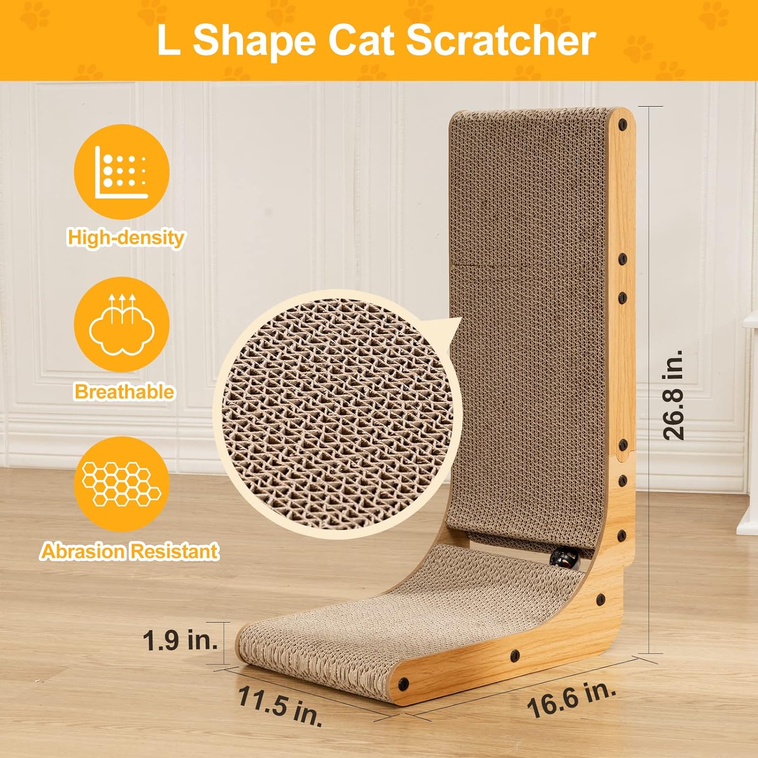 Poils bebe L Shape Cat Scratcher, 26.8 Inch Cat Scratchers for Indoor Cats, Protecting Furniture Cat Scratch Pad, Cardboard Cat Scratching with Ball Toy, Catnip, Large