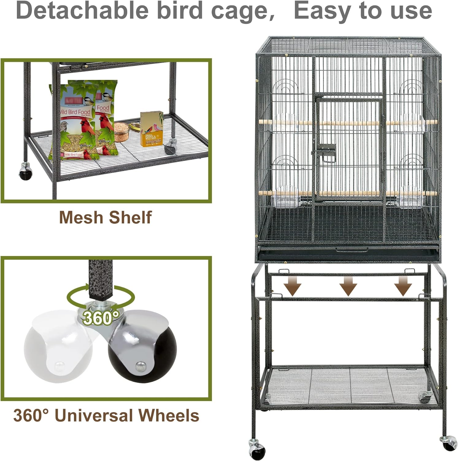 ZENY 53-Inch Bird Flight Cage, Wrought Iron Standing Large with Rolling Stand for Cockatiels Pet Parrot Parakeet Lovebird Canary Finch (White)